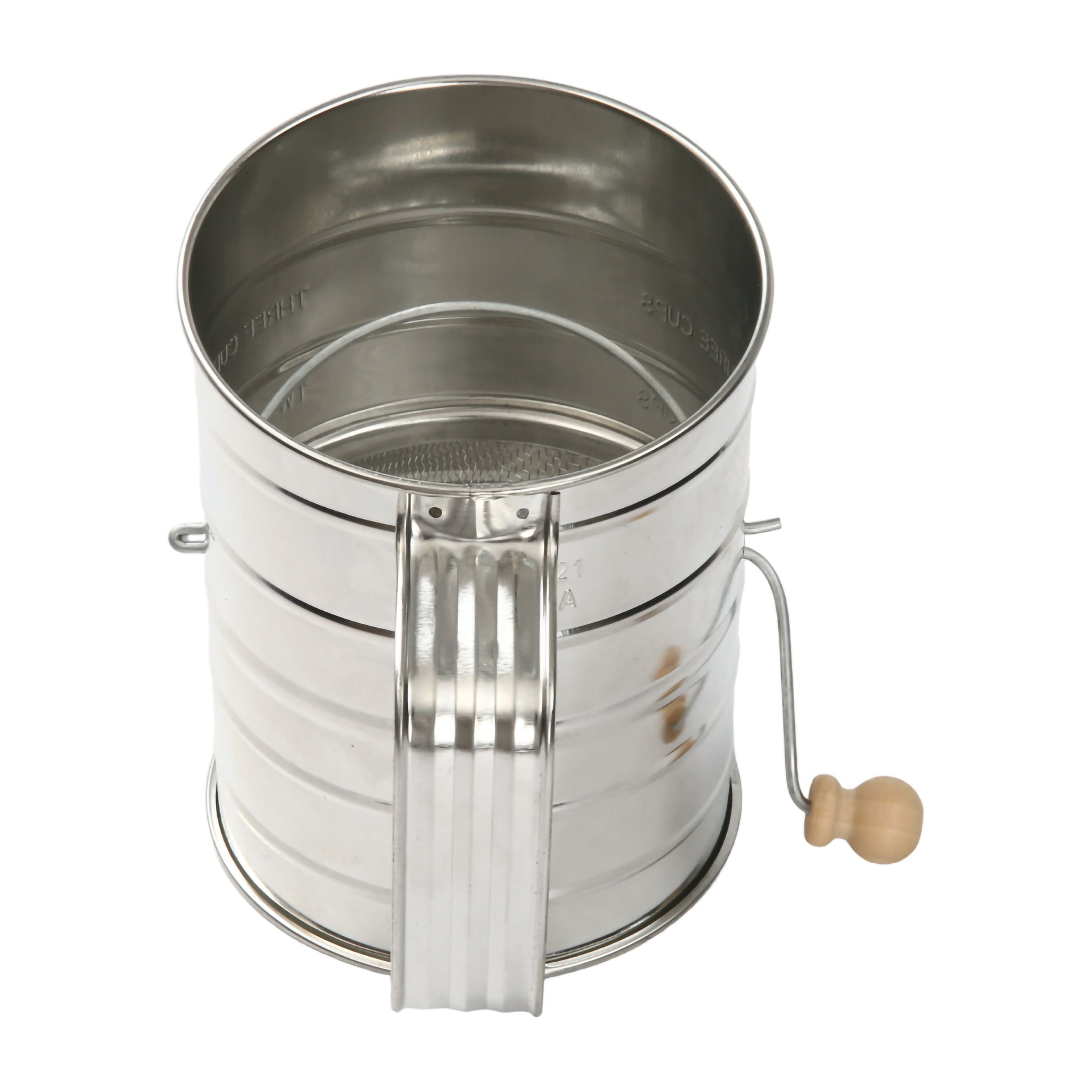 Multi-Functional Stainless Steel 3 Cup Flour Hand-Crank Sifter with Beechwood Handle Silver - Kitchen Gadget Tool for Quick Food Prep Detail