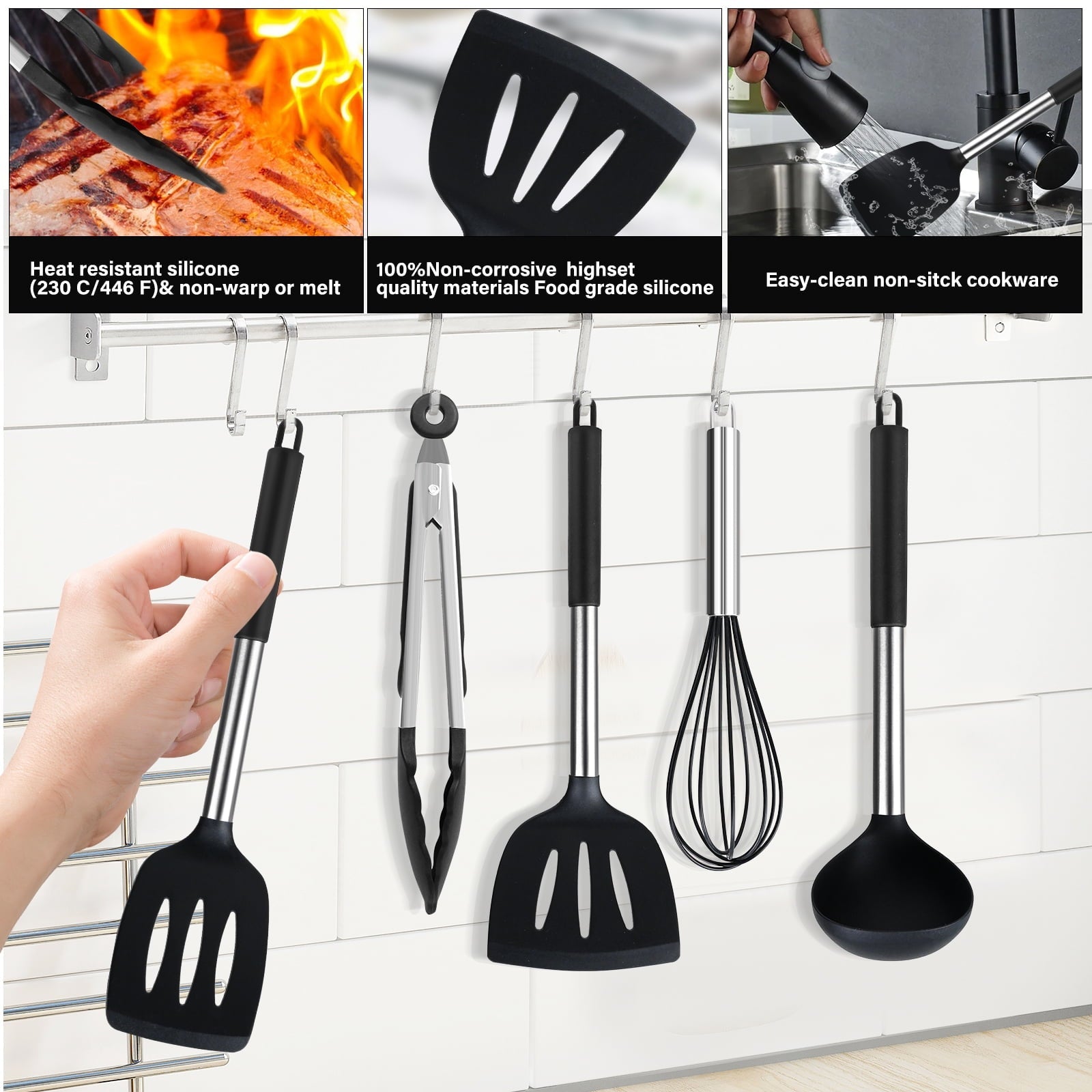 Chef-Quality Silicone Cooking Utensils Set, 26 Pcs, Heat Resistant Kitchen Utensils Set, Black - High-Precision Culinary Tool for Baking & Cooking Detail