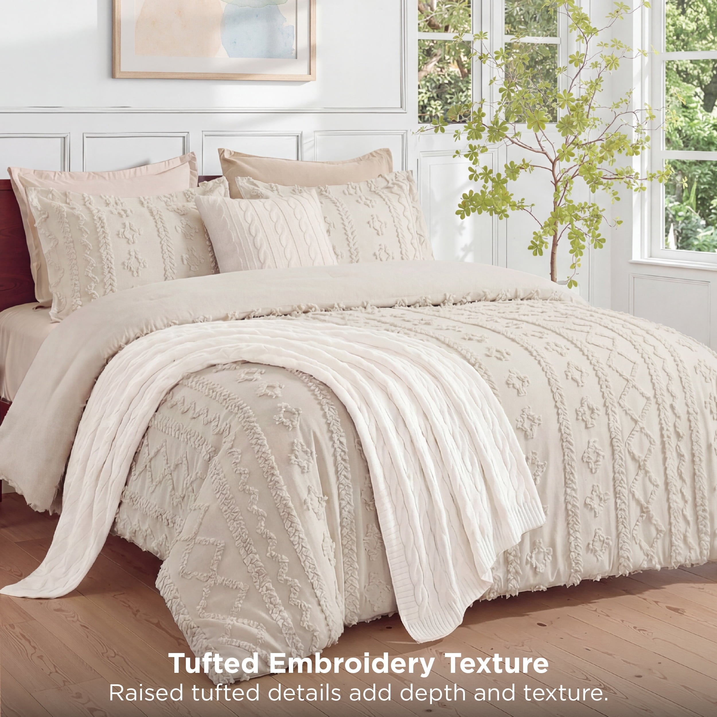 Hypoallergenic Cloud Tufted Boho Comforter Set Queen, Beige, 3 Pieces Farmhouse Shabby Chic Embroidery Bedding Set, Soft Jacquard Comforte... - Cloud-Like Soft Lightweight Bed Comforter Detail