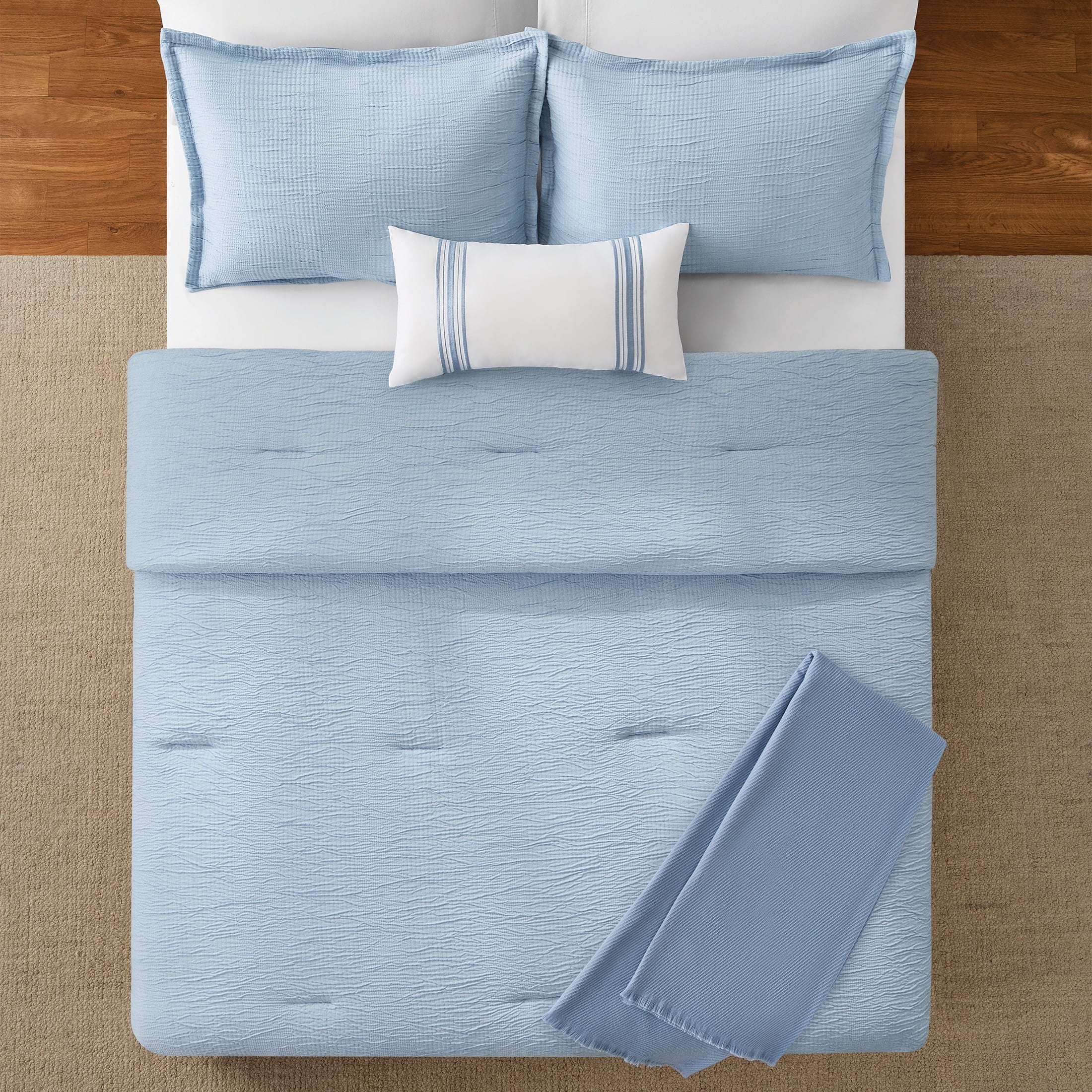 Fluffy Down Alternative Full/Queen Comforter Set, All-Season, 5-Piece, Blue Matelasse Tonal Stripe - Cloud-Like Soft Lightweight Bed Comforter Detail