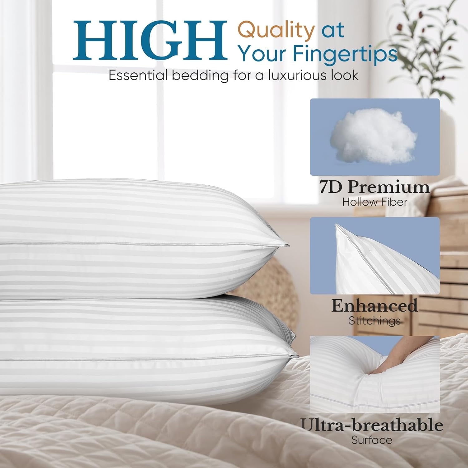 Hotel Collection Pillow for Beds 2 Pack Queen Size Pillows Set of 2 Hypoallergenic Hotel Down Alternative Pillow for Side and Back Sle... - Hotel Quality Plush Sleeping Pillows Detail