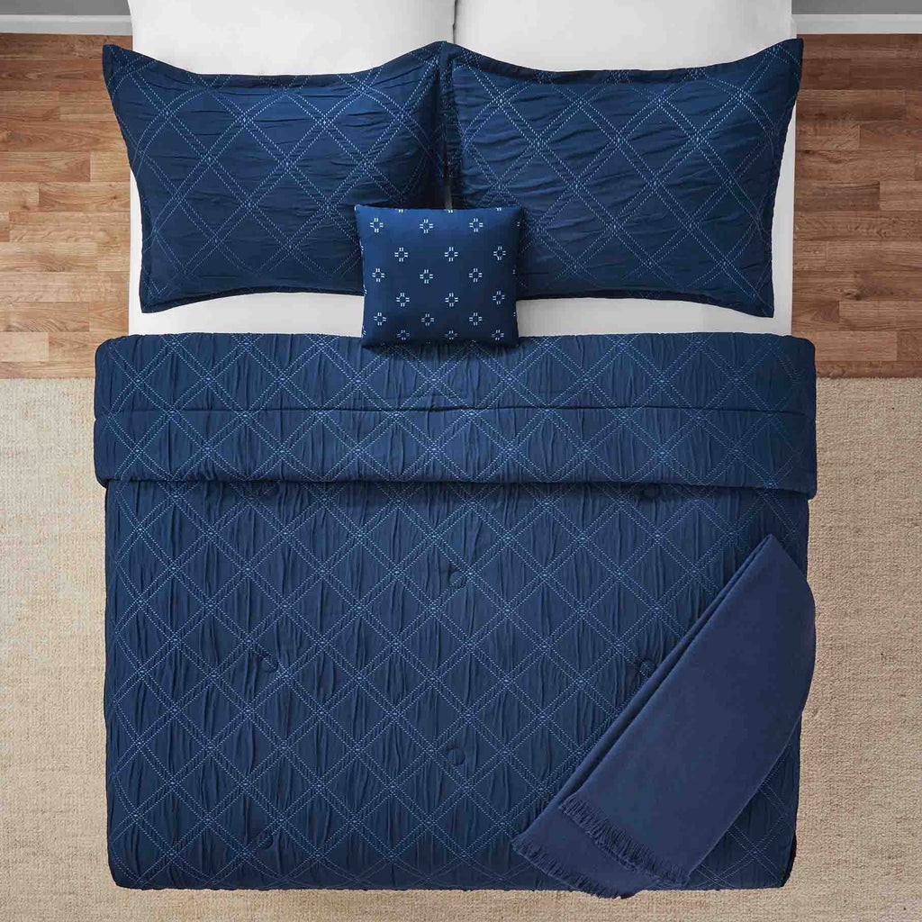 Luxurious Quilted 5-Piece Reversible Comforter Set Navy Cross Stitch Bedding with Decor Pillow and Throw, Full/Queen - Cloud-Like Soft Lightweight Bed Comforter Detail