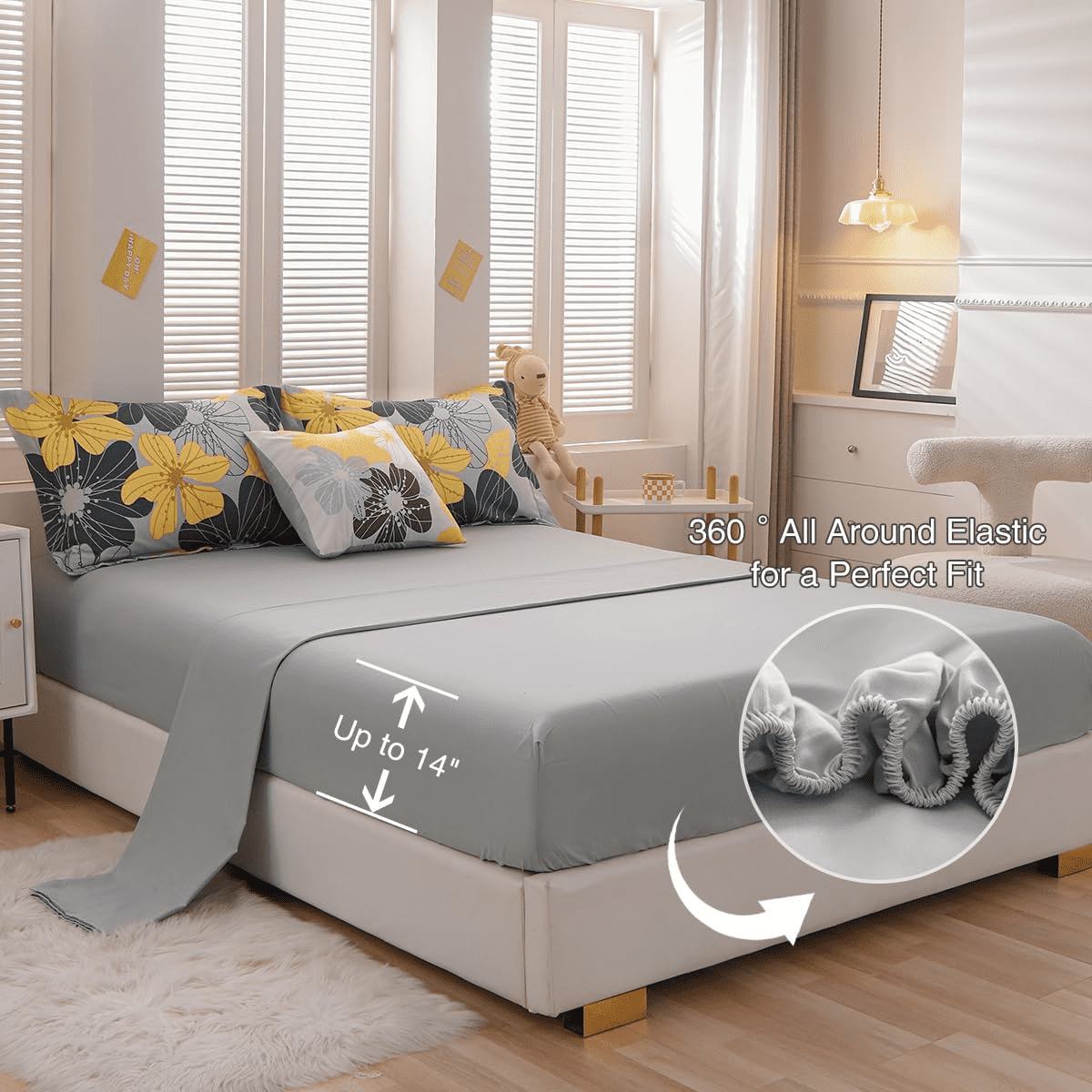 All-Season Yellow Floral Comforter Set Queen Flower Bed Set Adult Soft Botanical Boho Bedding Set - Luxurious Quilted Duvet Cover Set Detail