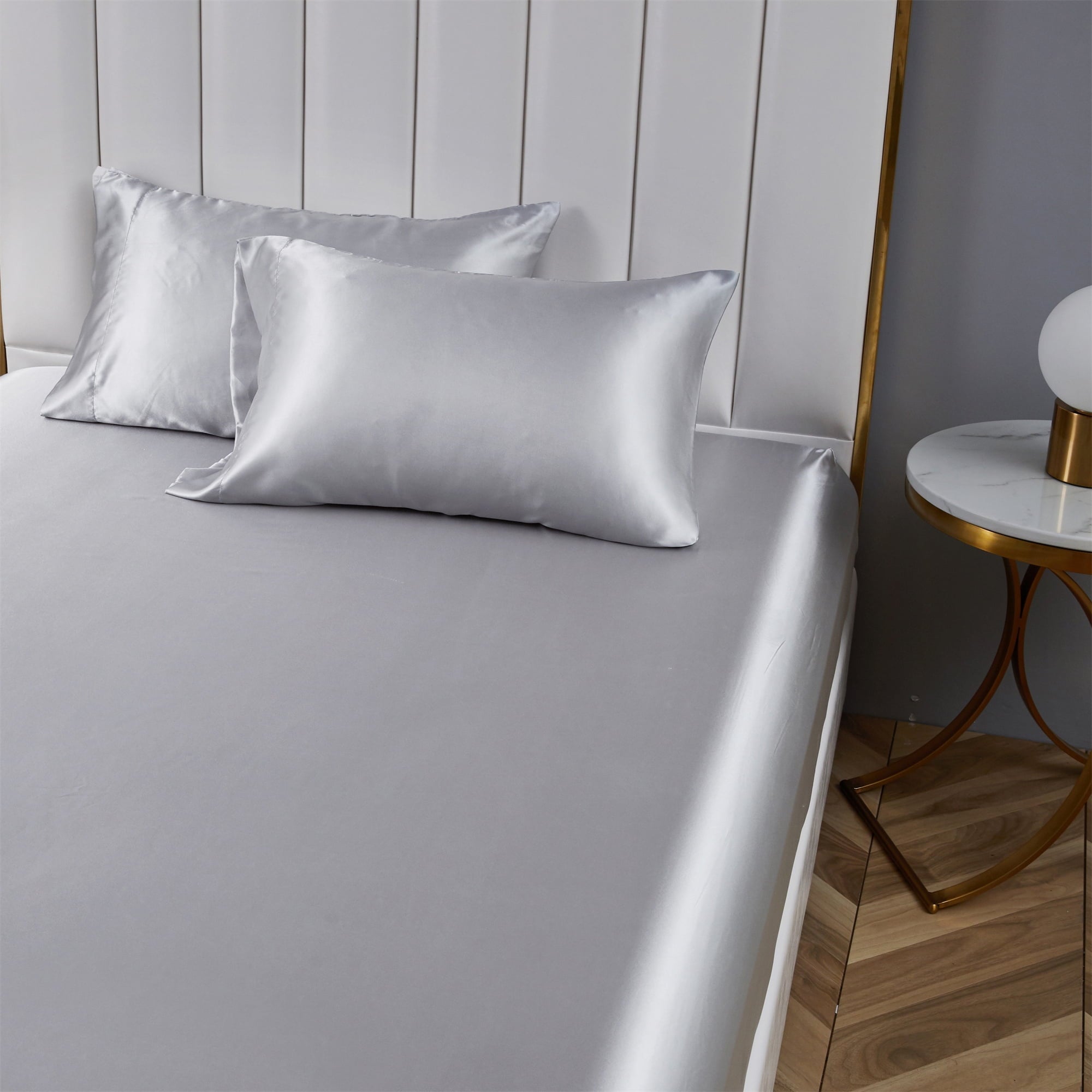 Wrinkle-Resistant Satin Fitted Sheet King Size 14 Inch Deep Pocket Bed Sheet Silk Sheet Ultra Soft Machine Washable, Light Gray - Breathable Egyptian Cotton Flat & Fitted Sheets Detail