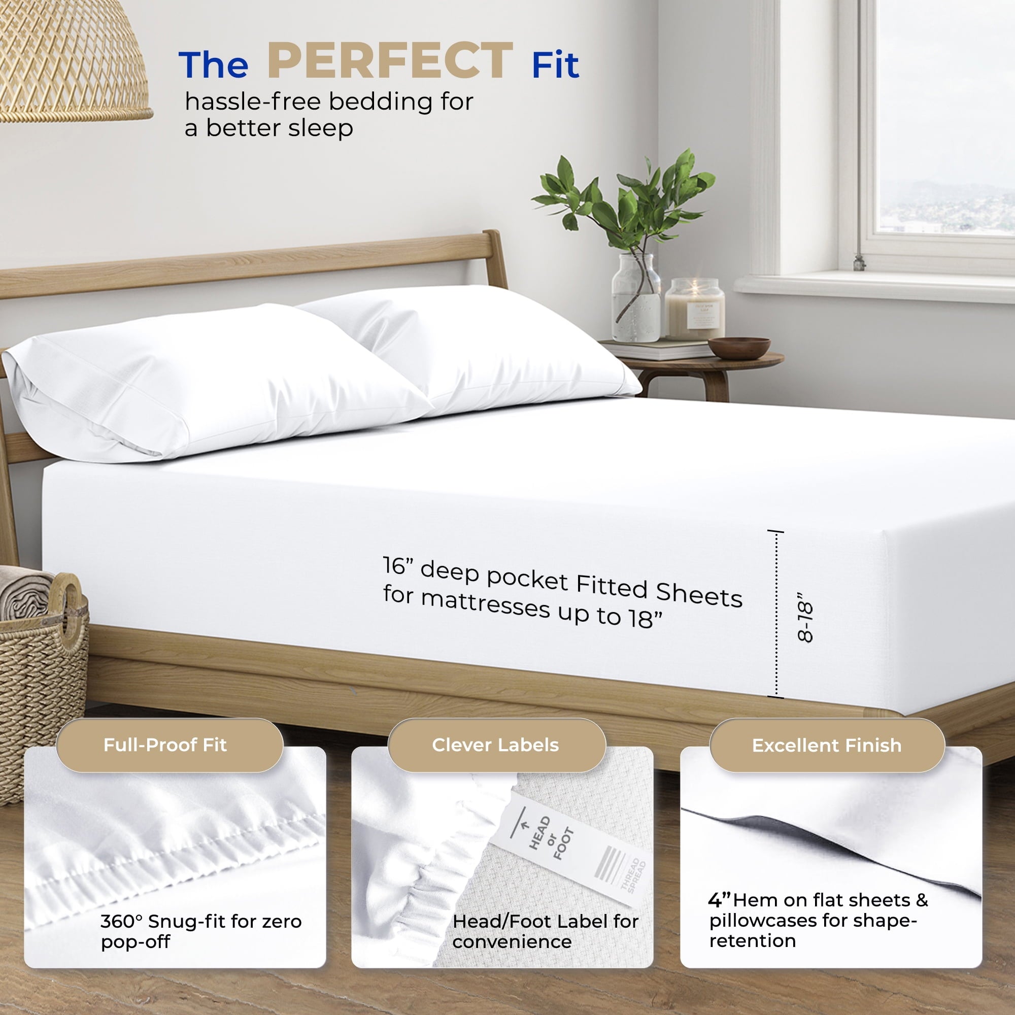 Cooling Sateen King Size Cotton Sheets Set - 400 Thread Count 4 PC 100% Cotton Sheets for King Bed, 16 In Deep Pocket King Size Cott... - Luxury Bed Sheet Set with Deep Pockets Detail