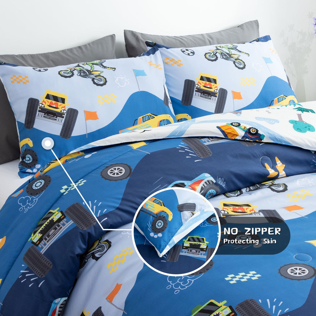 Luxurious Quilted 3Pcs Reversible Construction Truck Twin Comforter Set for Boys Kids Excavator Vehicle Motorcycle Bedding Set Blue - Hypoallergenic Ultra-Fluffy Quilt for Winter Detail