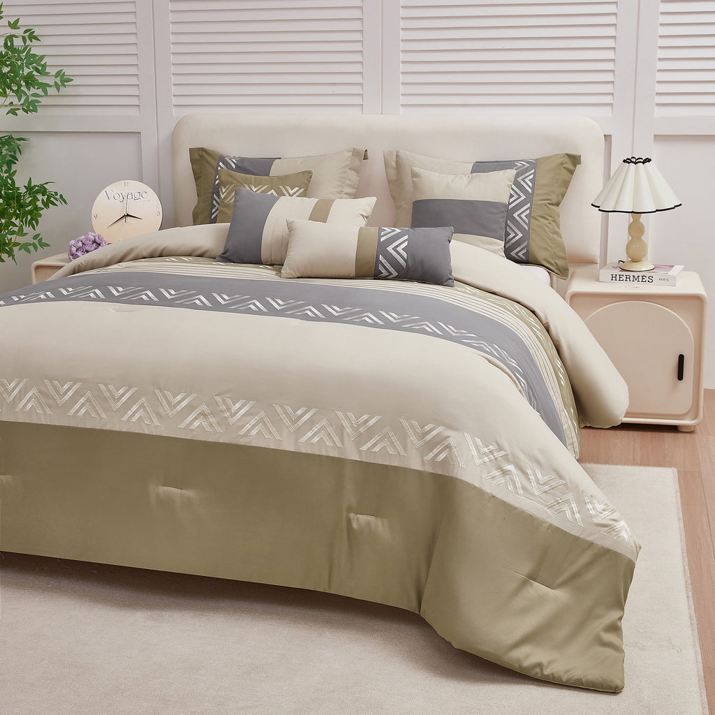 Hypoallergenic Cloud 7 Piece Embroidery Design Bed-in-a-Bag, Taupe Queen Size Ultra Soft Comforter Set for Adults - Hypoallergenic Ultra-Fluffy Quilt for Winter Detail
