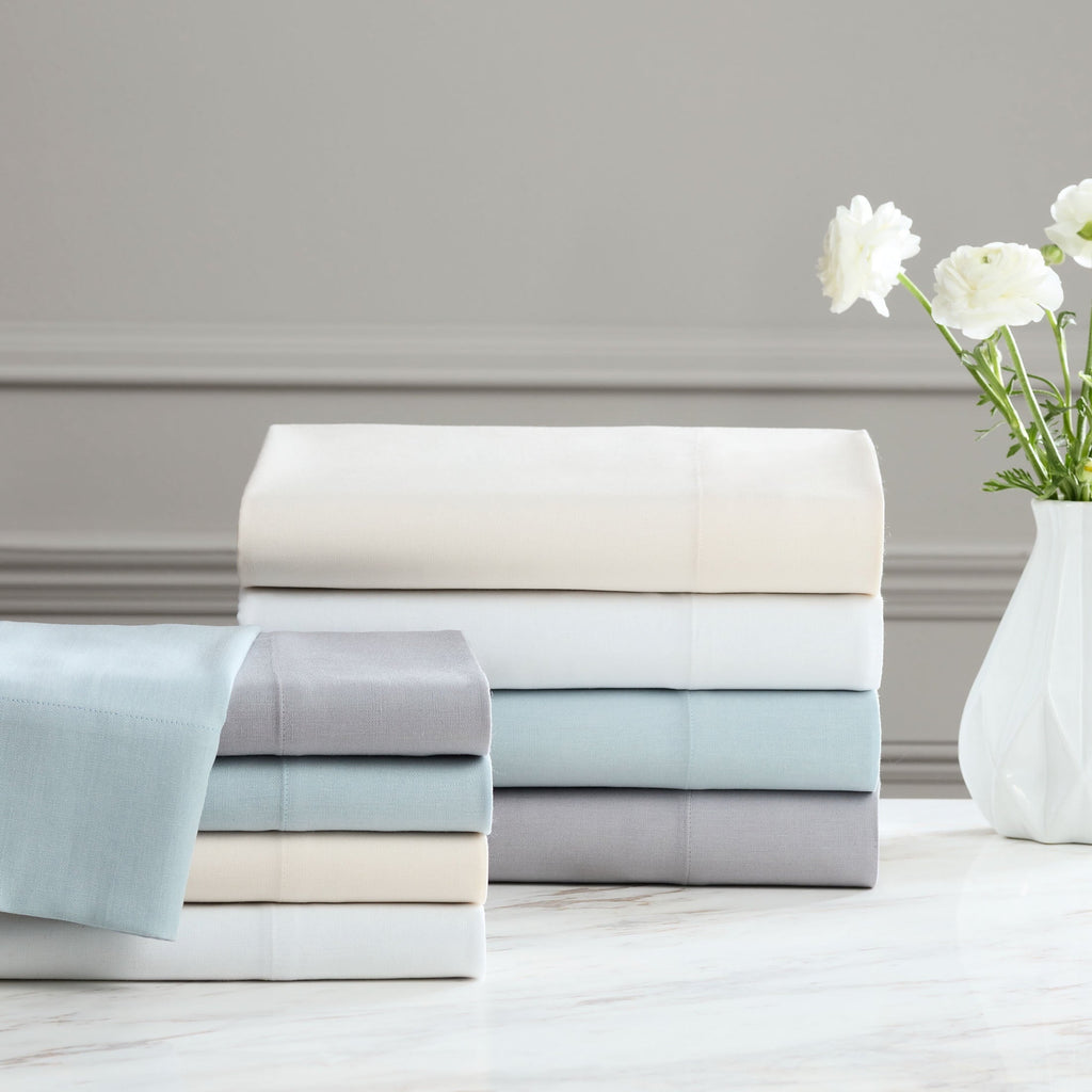 Cooling Sateen 4-Piece White Lyocell & Linen Blend Percale Bed Sheet Set, Queen - Cooling Hotel Quality Bedding Sheets and Pillowcases Detail