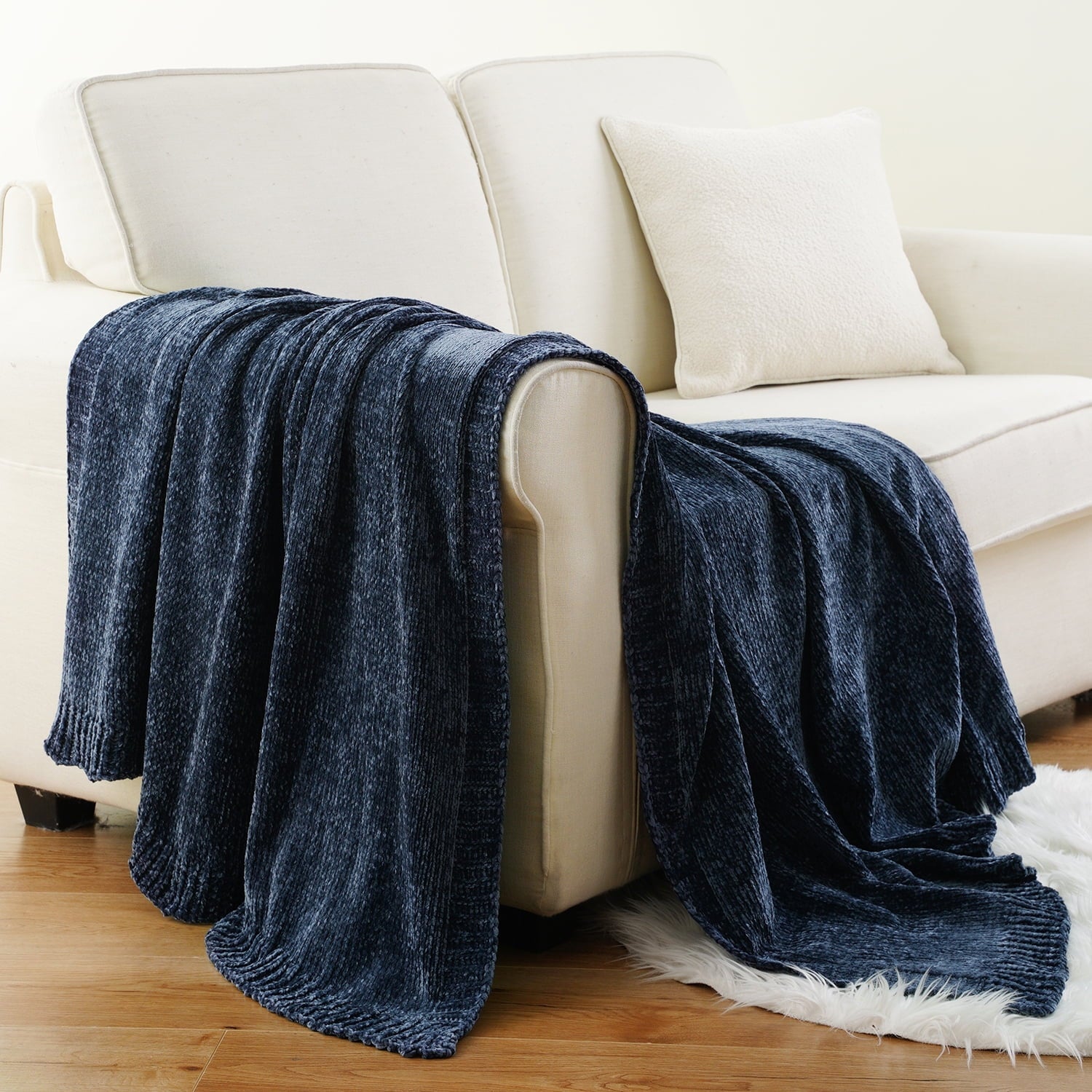 Lightweight Warm Navy Blue Chenille Throw for Couch Bed,Soft Navy Knit Blanket, Housewarming Gifts, 51"x 67" - Super Soft Reversible Sherpa Flannel Blanket Detail