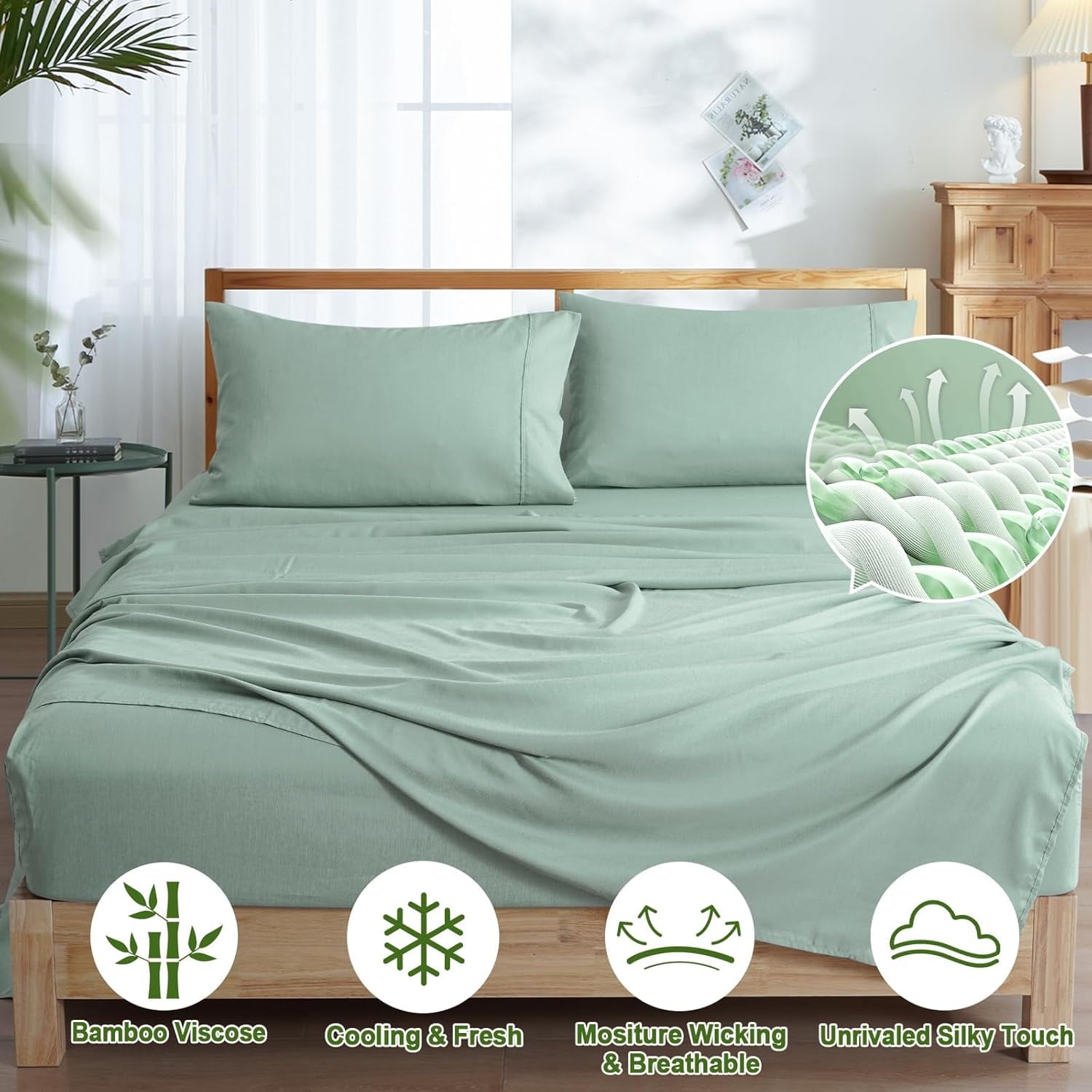 Cooling Sateen Bamboo Bed Sheet Sets, 4 Pieces King Silky Soft Bedding Sheets, 1800 Thread Count 16 Inch Deep Pockets, Sage Green - Breathable Egyptian Cotton Flat & Fitted Sheets Detail