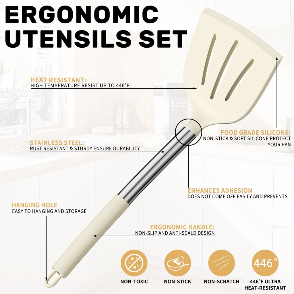 Seamless One-Piece Silicone Cooking Utensil Set, 30 Pcs Kitchen Utensils Set with Stainless Steel Handle, Food Grade Silicone Spatula Se... - Premium Stainless Steel Cooking Utensil for Non-Stick Pots Detail