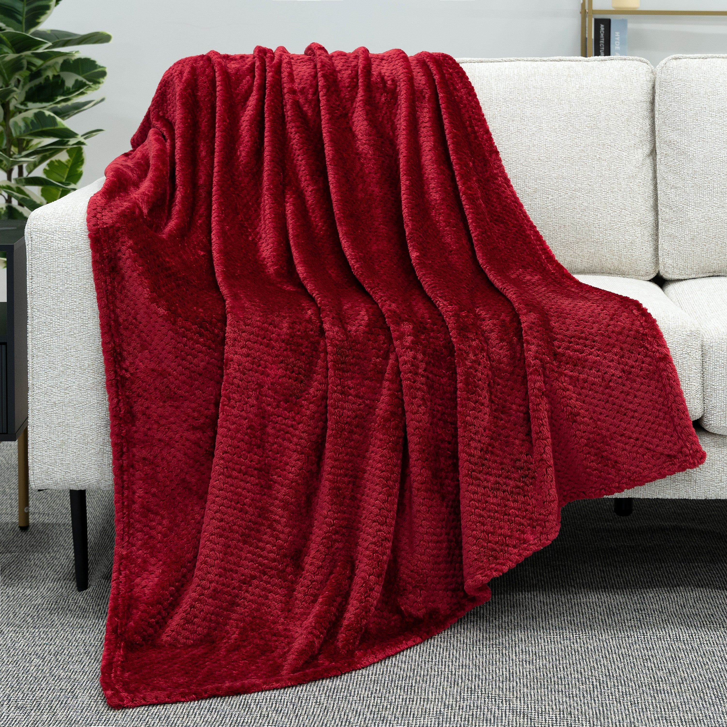 Lightweight Warm Maroon Red Throw Blanket for Couch, Twin Bed, Soft Fleece Throws for Sofa Chair, Fuzzy Waffle Textured Blanket, Cozy ... - Luxury Knitted Decorative Throw Blanket with Fringes Detail
