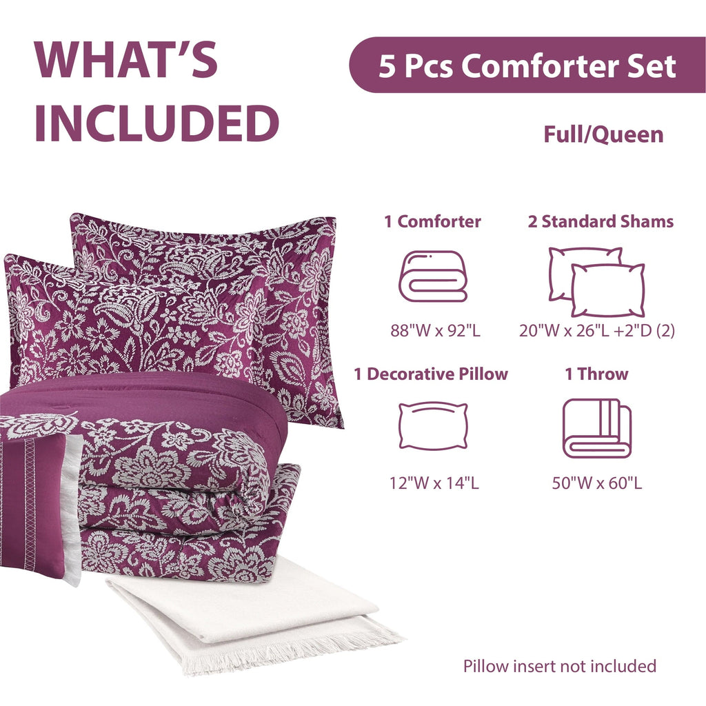 Heavyweight Warmth 5-Piece Jacquard Comforter Set with Decor Pillow and Throw Purple Flocking Embroidery Bedding Set, Full/Queen - Luxurious Quilted Duvet Cover Set Detail