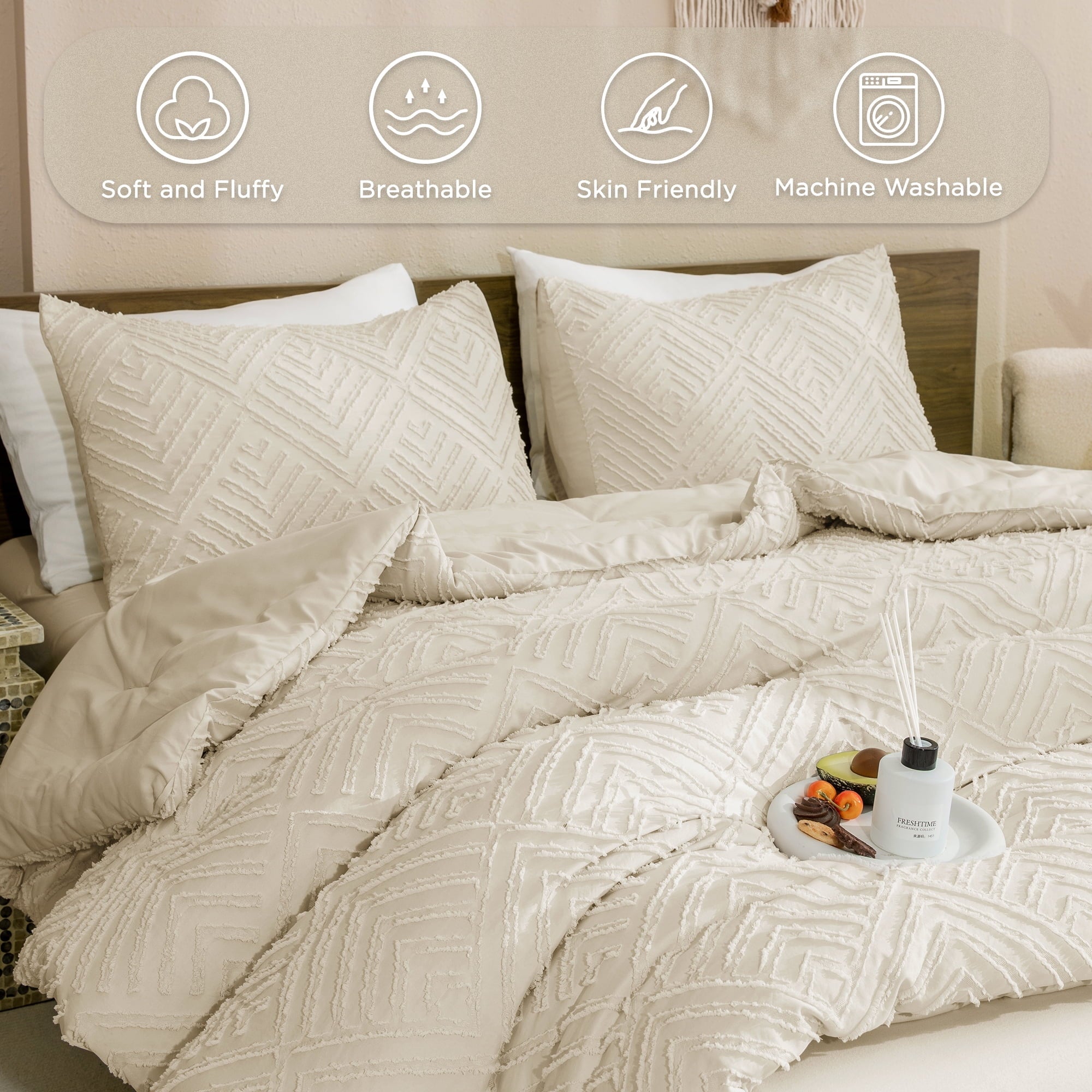 Luxurious Quilted King Size Comforter Sets Beige - 3 Pieces Cream Boho Bedding Comforter Set for King Bed - Soft Fluffy Tufted Textured... - Luxurious Quilted Duvet Cover Set Detail