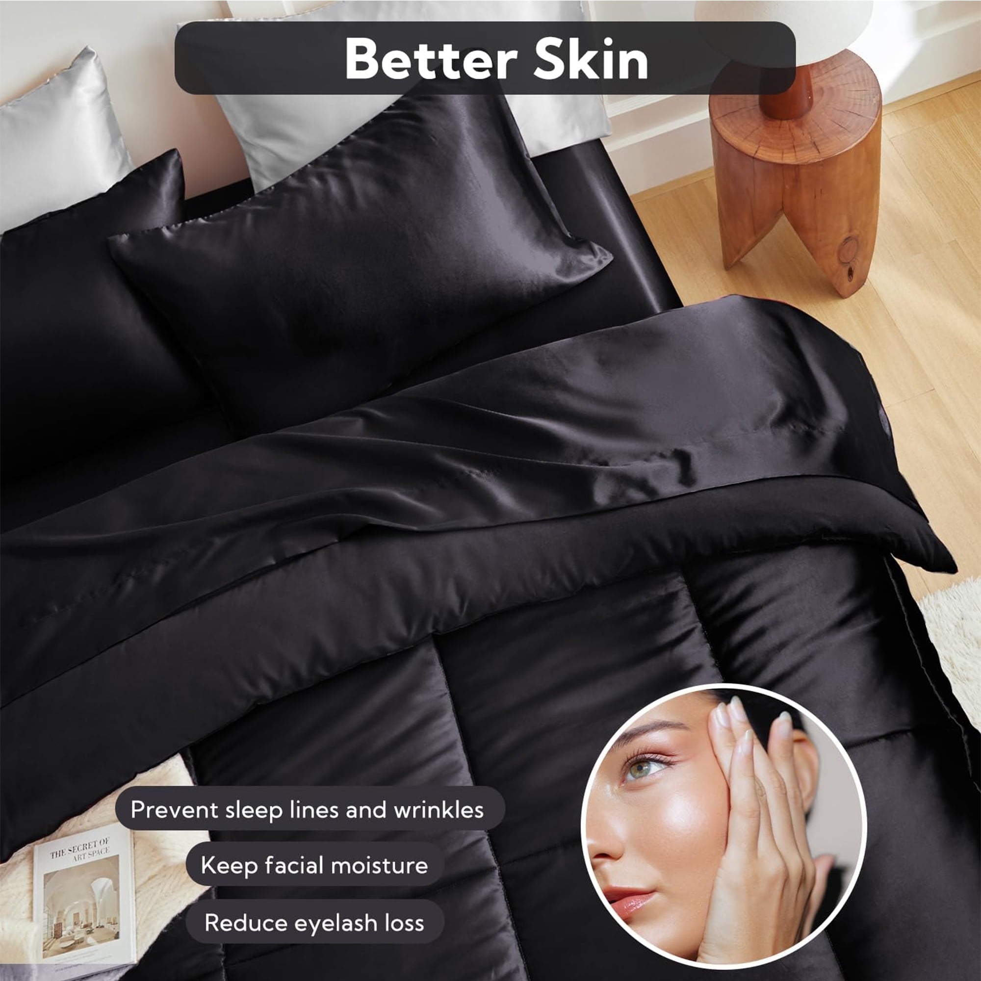 Heavyweight Warmth Reversible Satin Microfiber Comforter 3 Pieces Queen Size, Black Queen Comforter Set for All Seasons, Silky Soft Sati... - All-Season Down Alternative Comforter Insert Detail