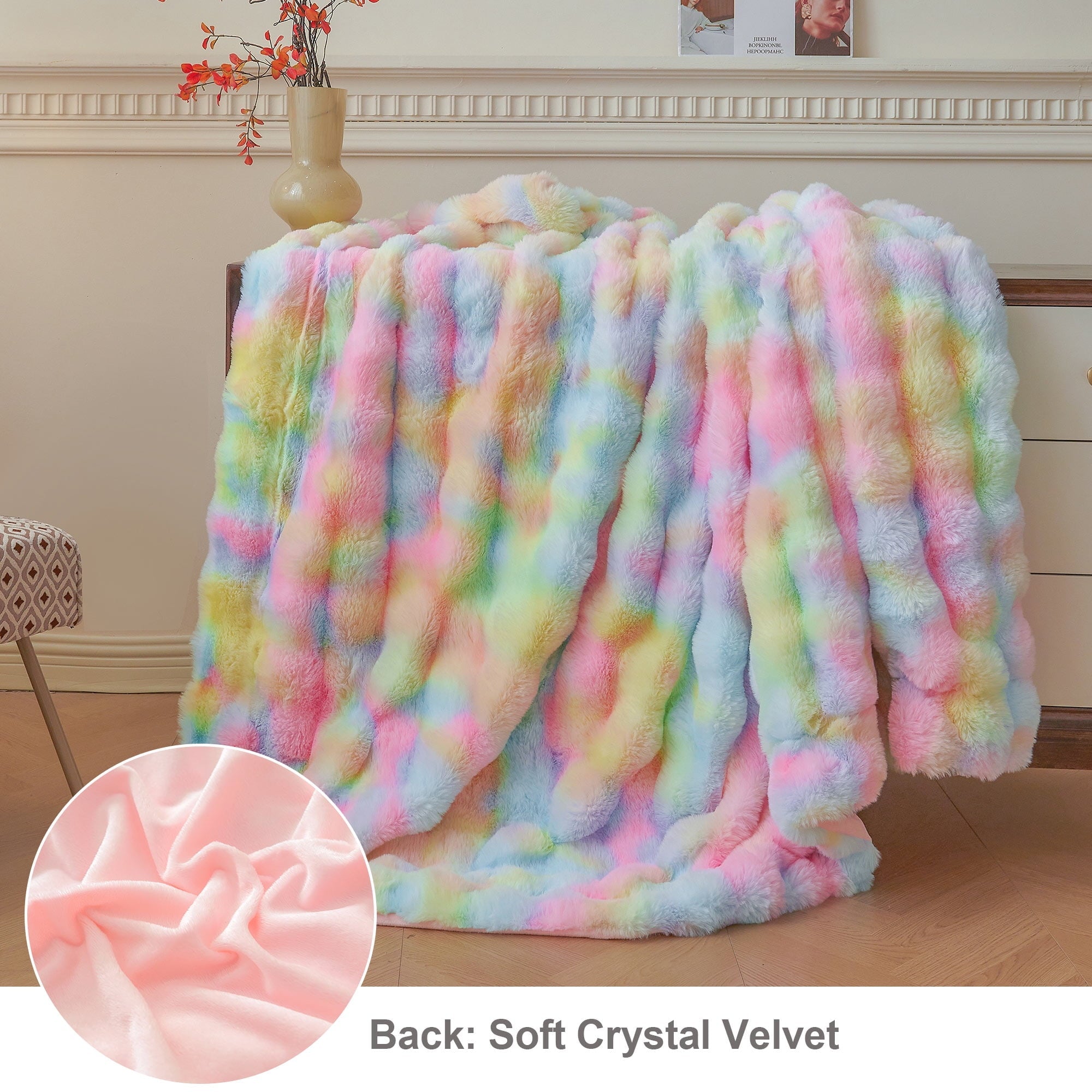 Decorative Knitted Fluffy Faux Rabbit Fur Bubble Throw, Rainbow Plush Shaggy Blanket for Couch Sofa Chair, Soft Tie Dye Furry Blanket Ad... - Lightweight Plush Warm Blanket for All Seasons Detail