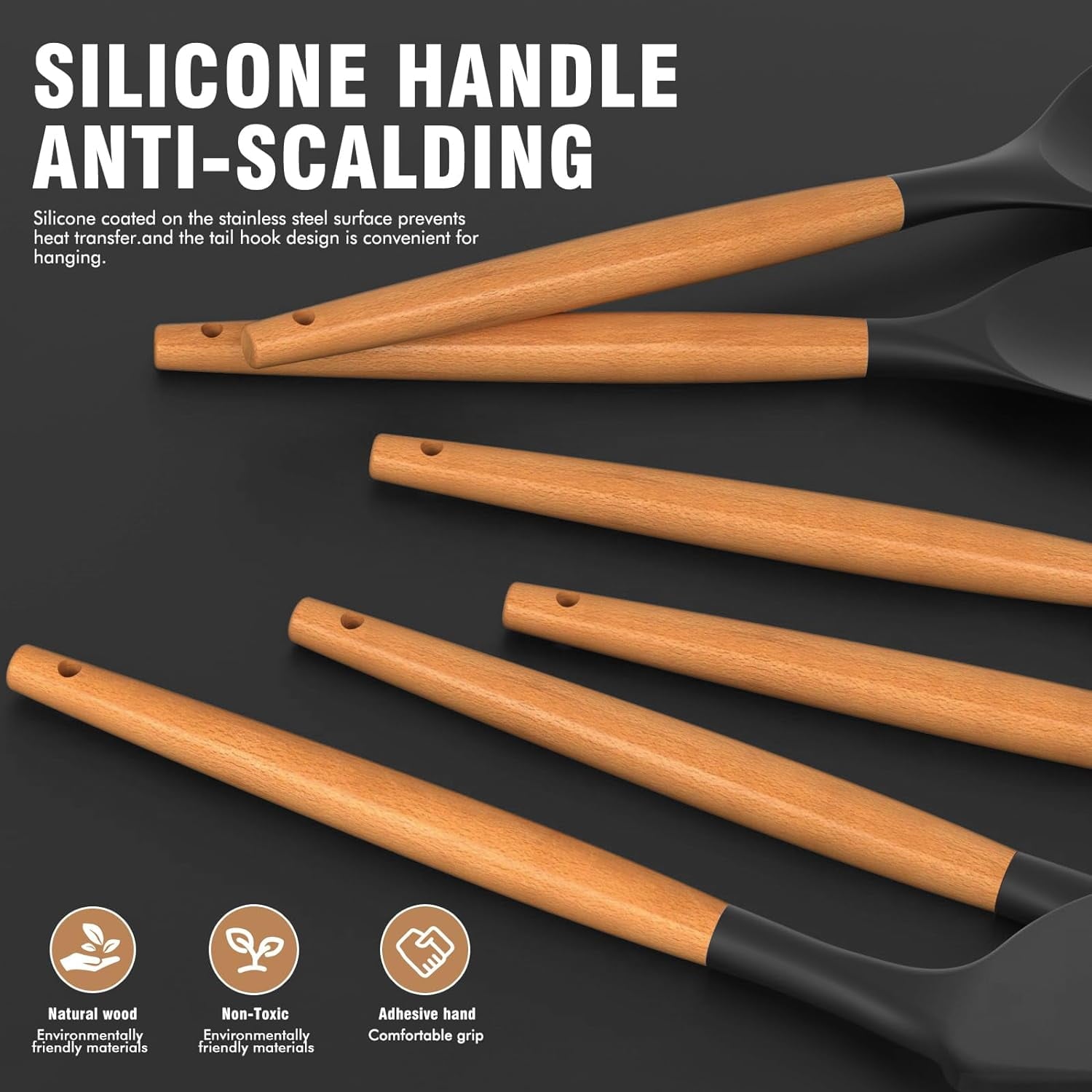 Premium Kitchen Silicone Cooking Utensils Set - Silicone Kitchen Utensils for Cooking Wooden Handles, 446°F Heat Resistant Kitchen Ut... - Kitchen Gadget Tool for Quick Food Prep Detail