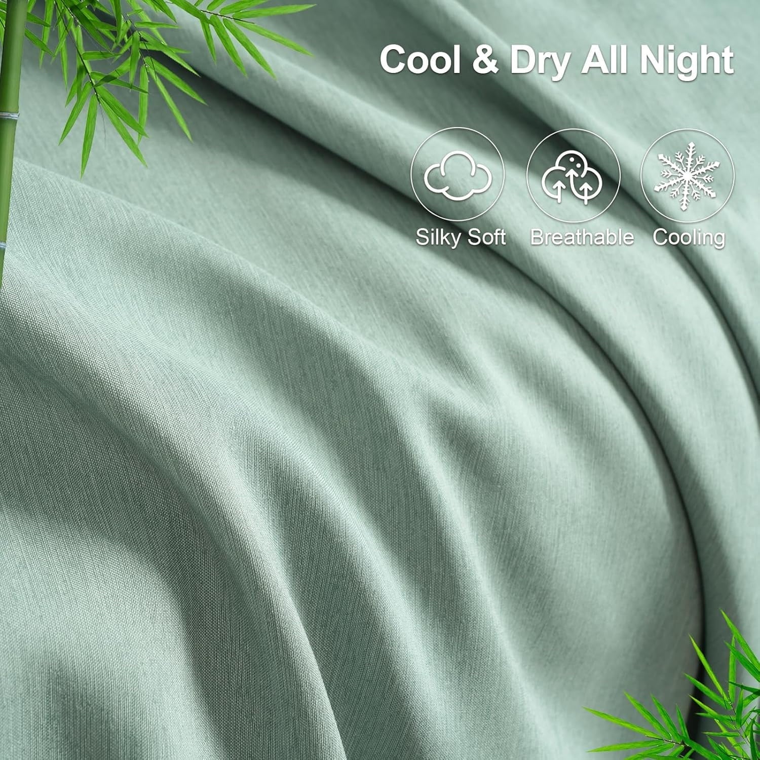 Cooling Sateen Bamboo Bed Sheet Sets, 4 Pieces King Silky Soft Bedding Sheets, 1800 Thread Count 16 Inch Deep Pockets, Sage Green - Breathable Egyptian Cotton Flat & Fitted Sheets Detail