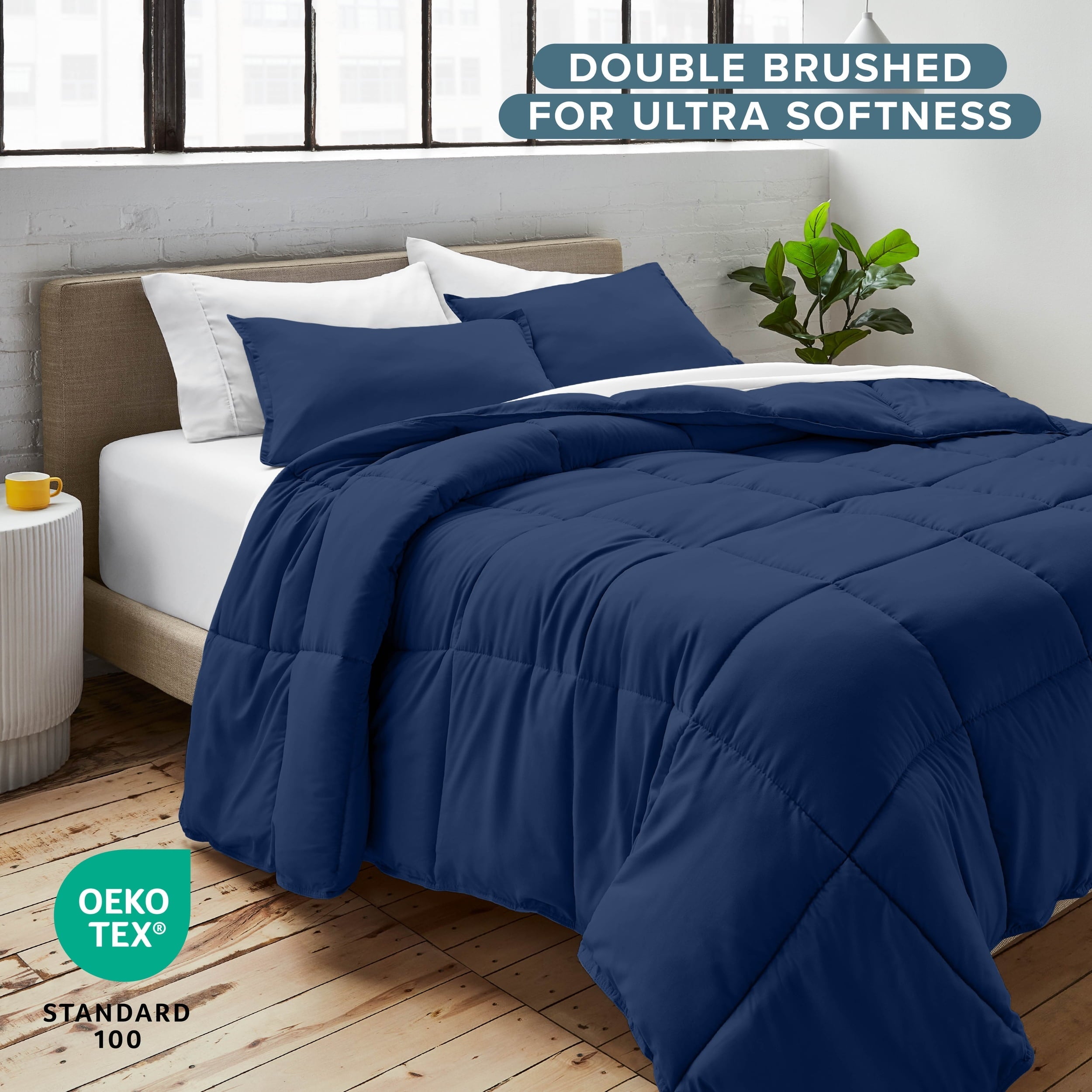 All-Season Down Alternative Comforter Set - 3-Pieces - All Seasons - Queen, Dark Blue - Luxurious Quilted Duvet Cover Set Detail
