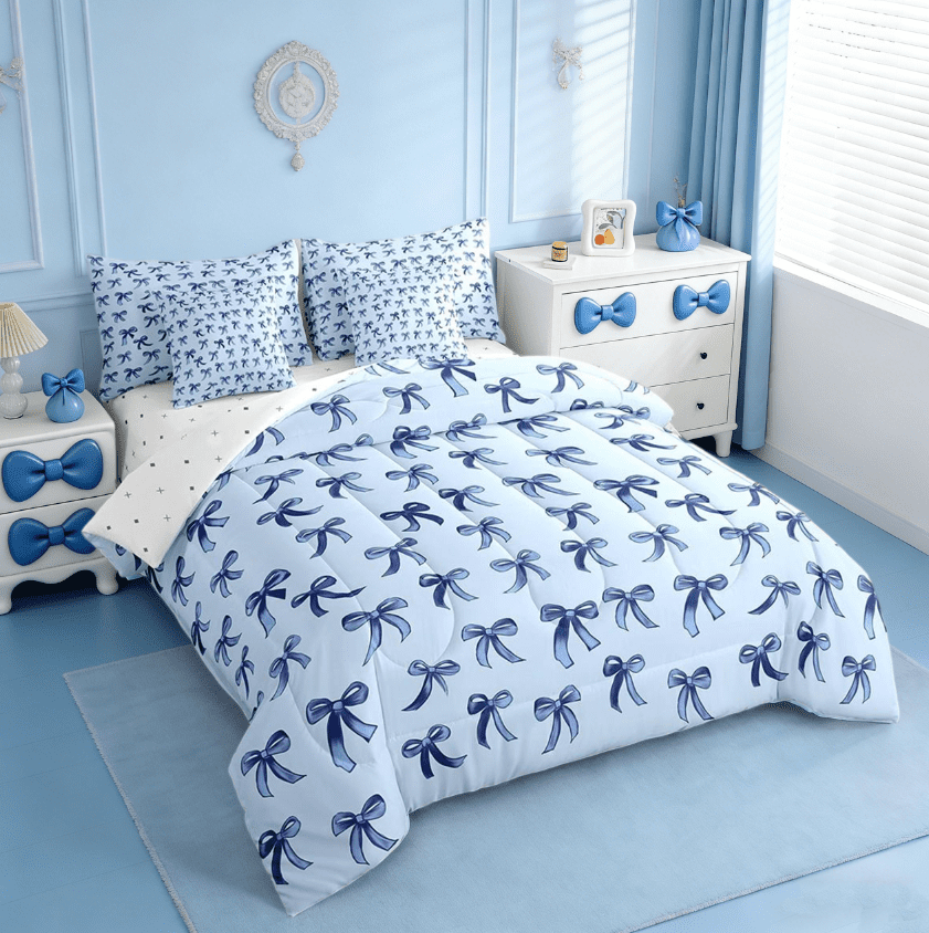 Luxurious Quilted Cute Bowknot Twin Bedding Sets 7-Piece,Girls Ribbon Bow Bedding Comforter Set,Dreamy Blue Sheet Sets For Girls,Super ... - Hypoallergenic Ultra-Fluffy Quilt for Winter Detail