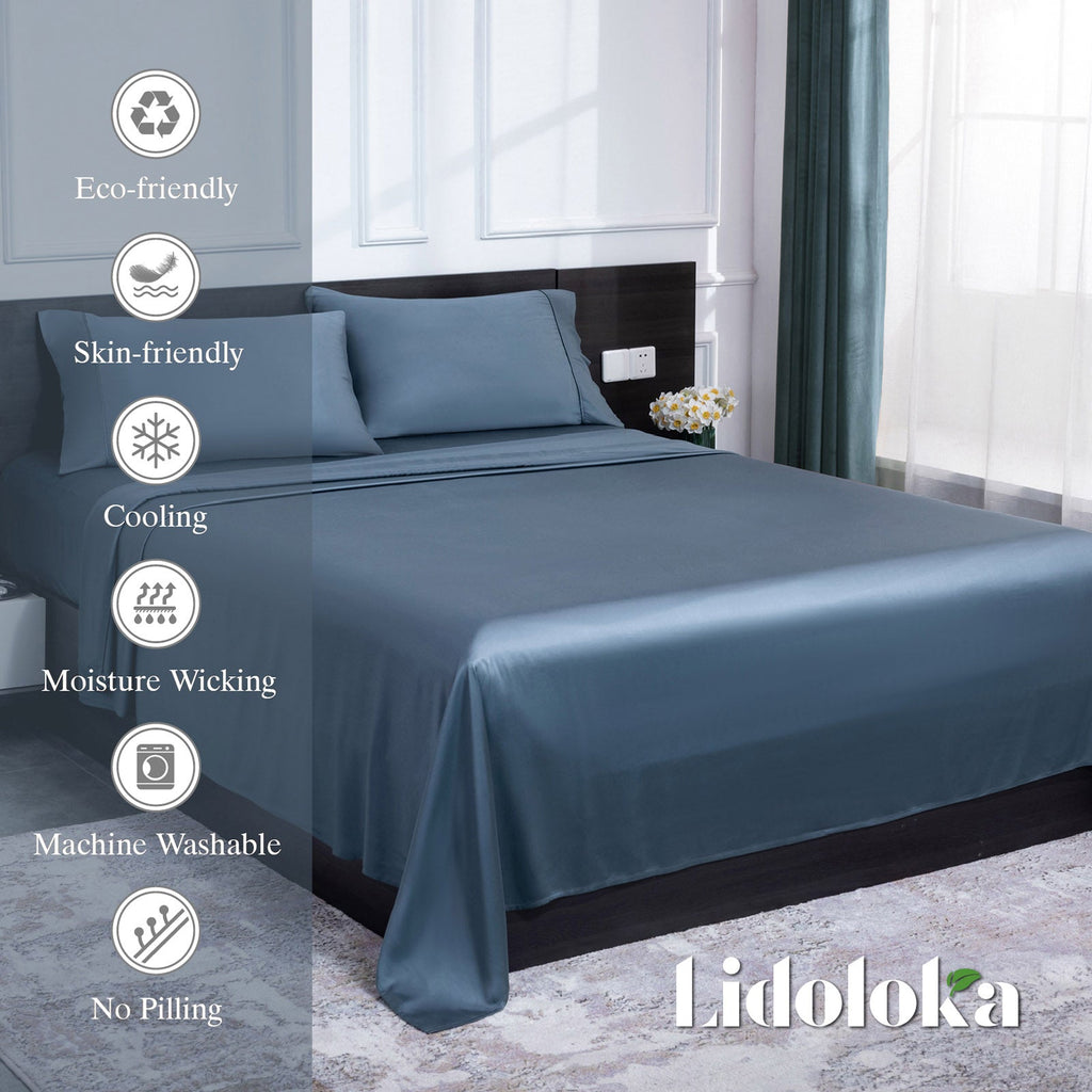 Cooling Sateen Luxury Bamboo Bed Sheets Set Full 4 Pcs for Adult,Soft&Cool,16" Deep Pocket,Blue Gray - Luxury Bed Sheet Set with Deep Pockets Detail