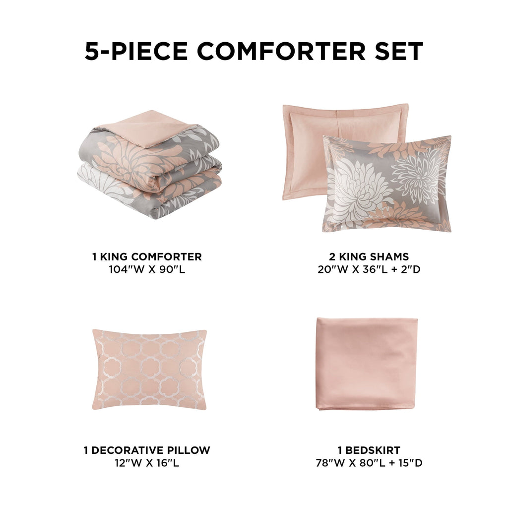 Heavyweight Warmth King Size Comforter Set, 5-Piece Floral Bedding Set for All Season, Blush Comforter Set King with Bed Skirt - Luxurious Quilted Duvet Cover Set Detail