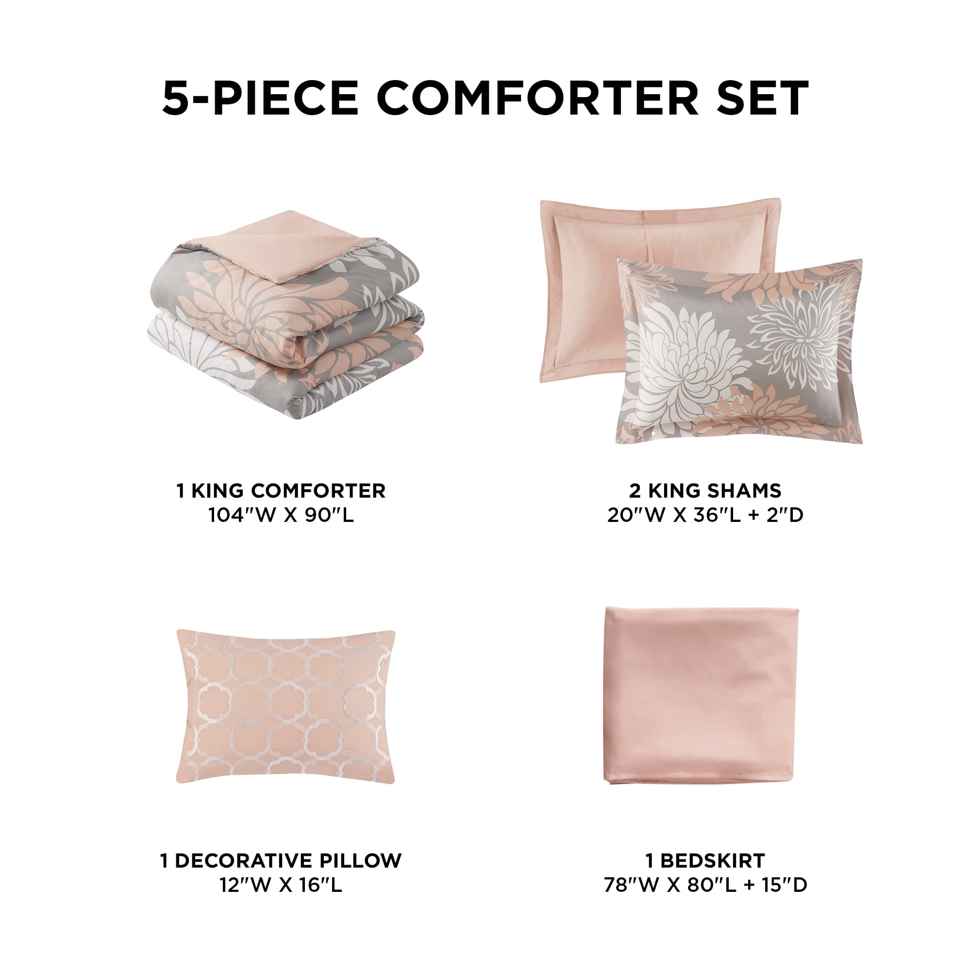 Heavyweight Warmth King Size Comforter Set, 5-Piece Floral Bedding Set for All Season, Blush Comforter Set King with Bed Skirt - Luxurious Quilted Duvet Cover Set Detail