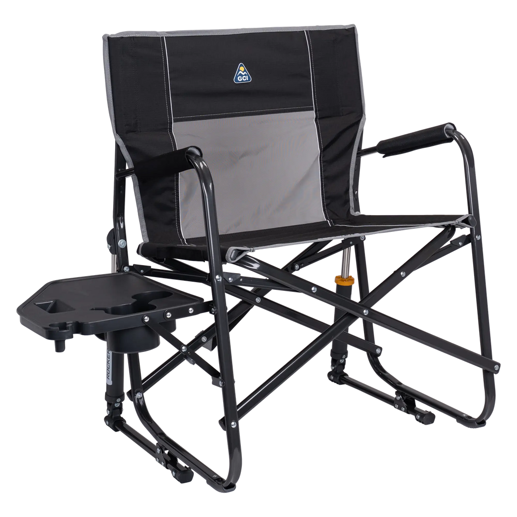 Luxury Camp Freestyle Rocker XL with Side Table - Choice 836 - Freestyle Rocker Portable Outdoor Folding Chair - Black