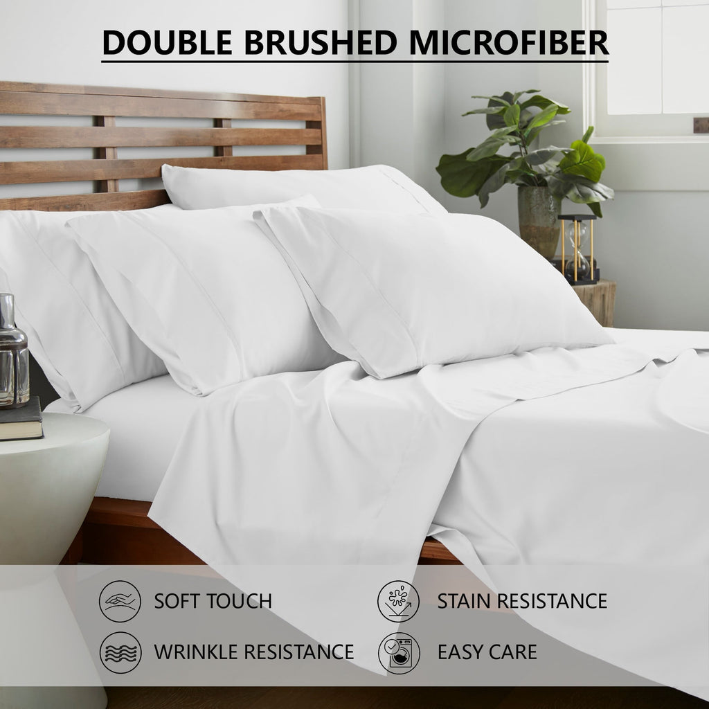 Breathable Luxury Queen Size 6 Piece Bed Sheet Set White - Ultra Soft Microfiber Deep Pocket Wrinkle Free - Luxury Bed Sheet Set with Deep Pockets Detail