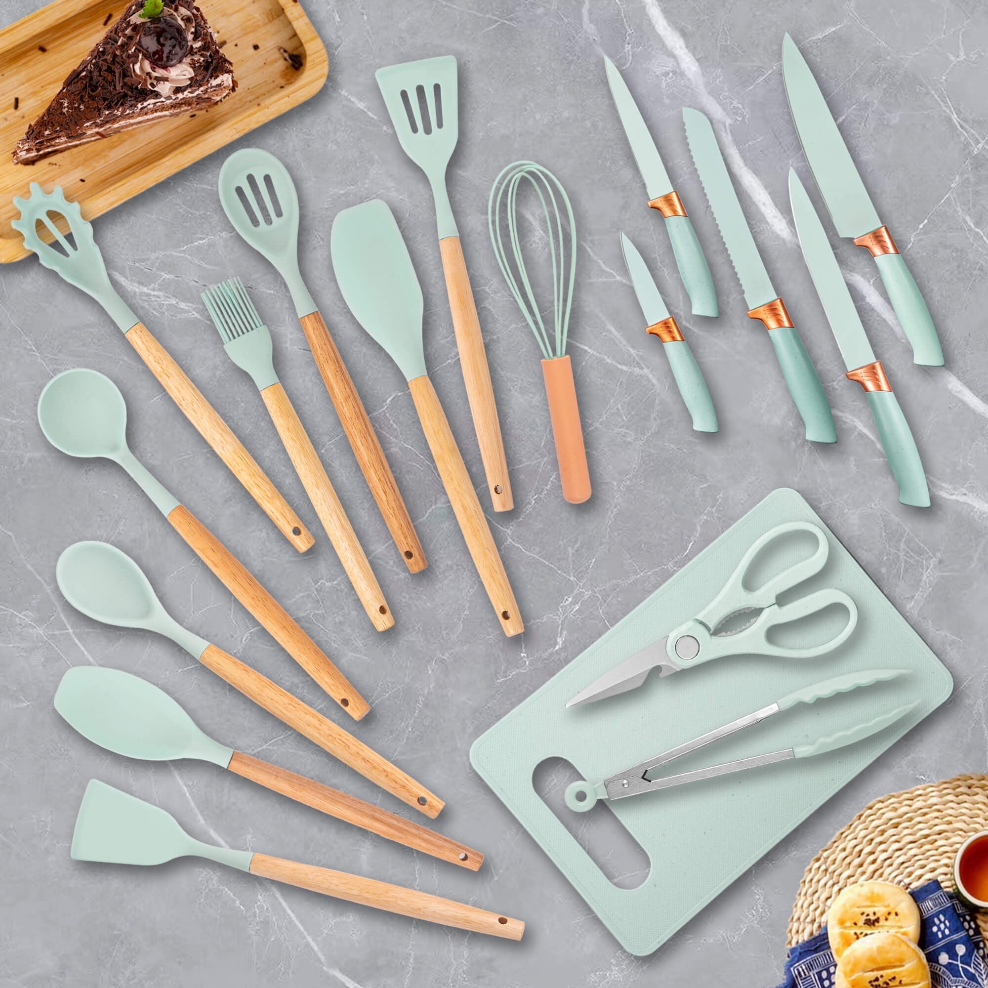 Seamless One-Piece 19pcs Silicone Kitchen Utensil Set, Heat-Resistant Non-Stick Easy Cooking Cleaning Home Light-Green - Ergonomic Kitchen Tongs and Cooking Spoon Utensil Detail