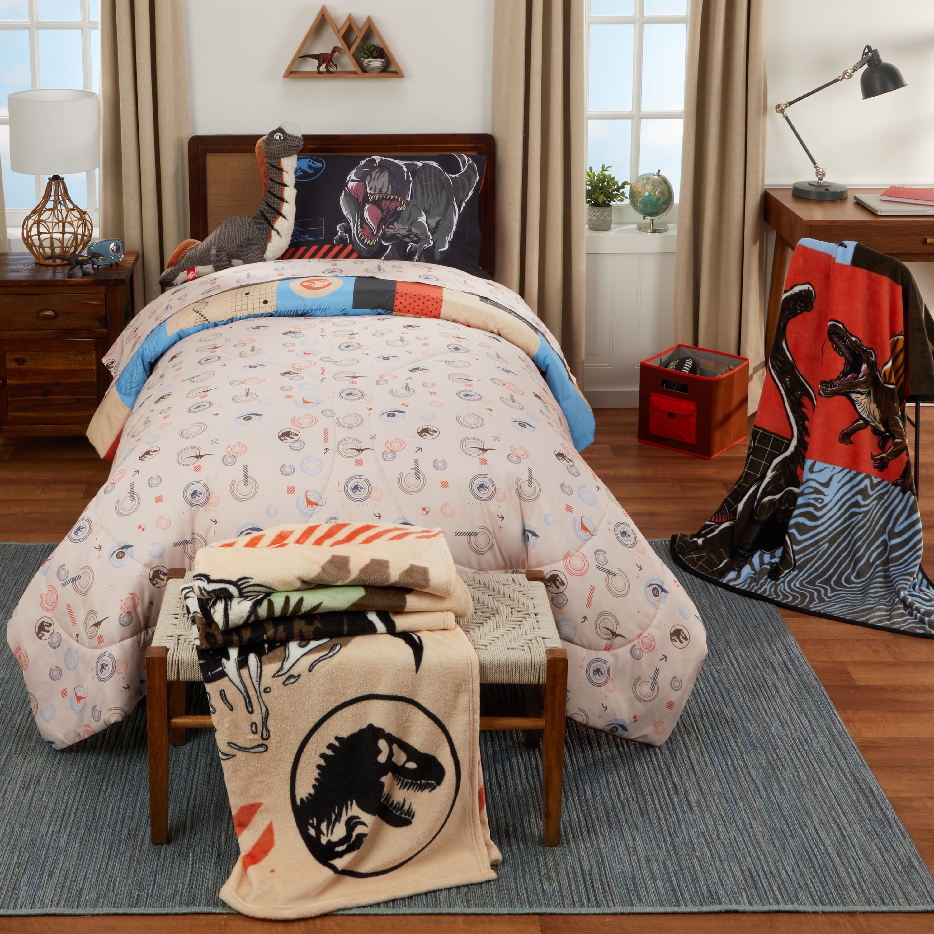 Luxurious Quilted Kids 2 Piece Blue Orange Reversible Dinosaur Comforter and Pillowcase set, Twin/full - Cloud-Like Soft Lightweight Bed Comforter Detail