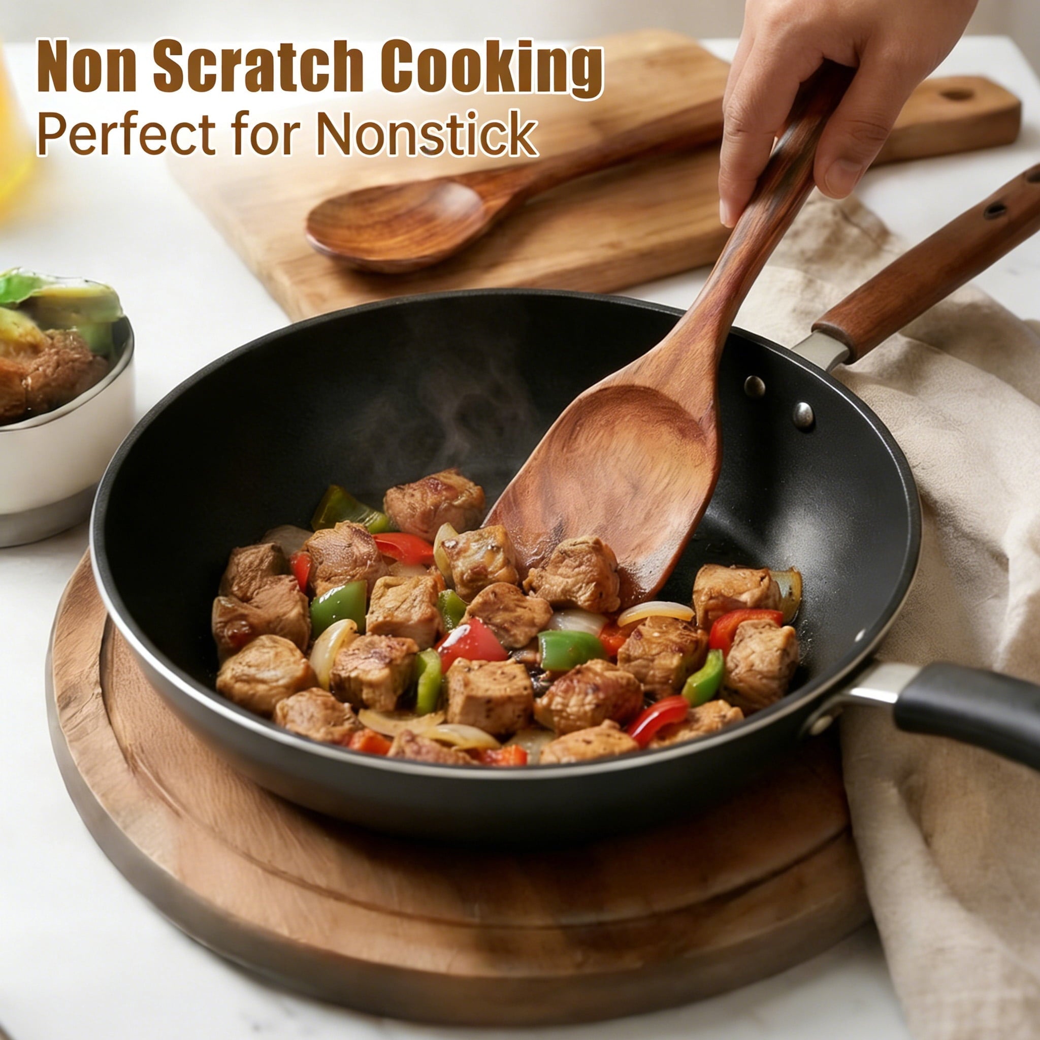 Non-Stick Safe Wooden Spoons for Cooking, 6 PCS Teak Wood Cooking Utensil Set, Wooden Kitchen Utensils for Nonstick Pans & Cookware,... - Ergonomic Kitchen Tongs and Cooking Spoon Utensil Detail