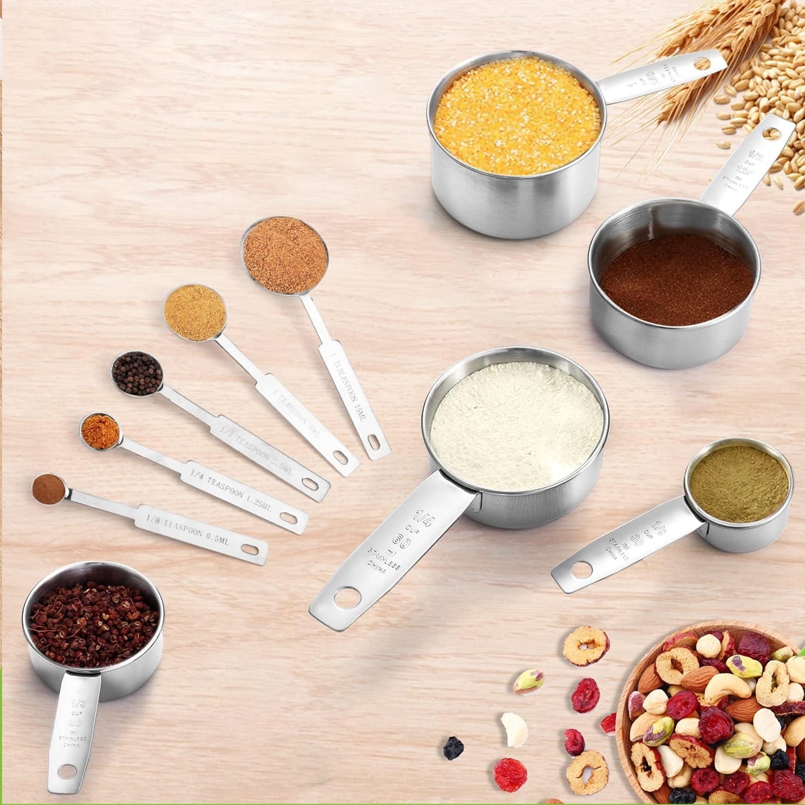 Non-Stick Safe Measuring Cups and Spoons Set of 10, 5 Stainless Steel Cups and 5 Spoons for Kitchen Cooking Baking - Premium Stainless Steel Cooking Utensil for Non-Stick Pots Detail
