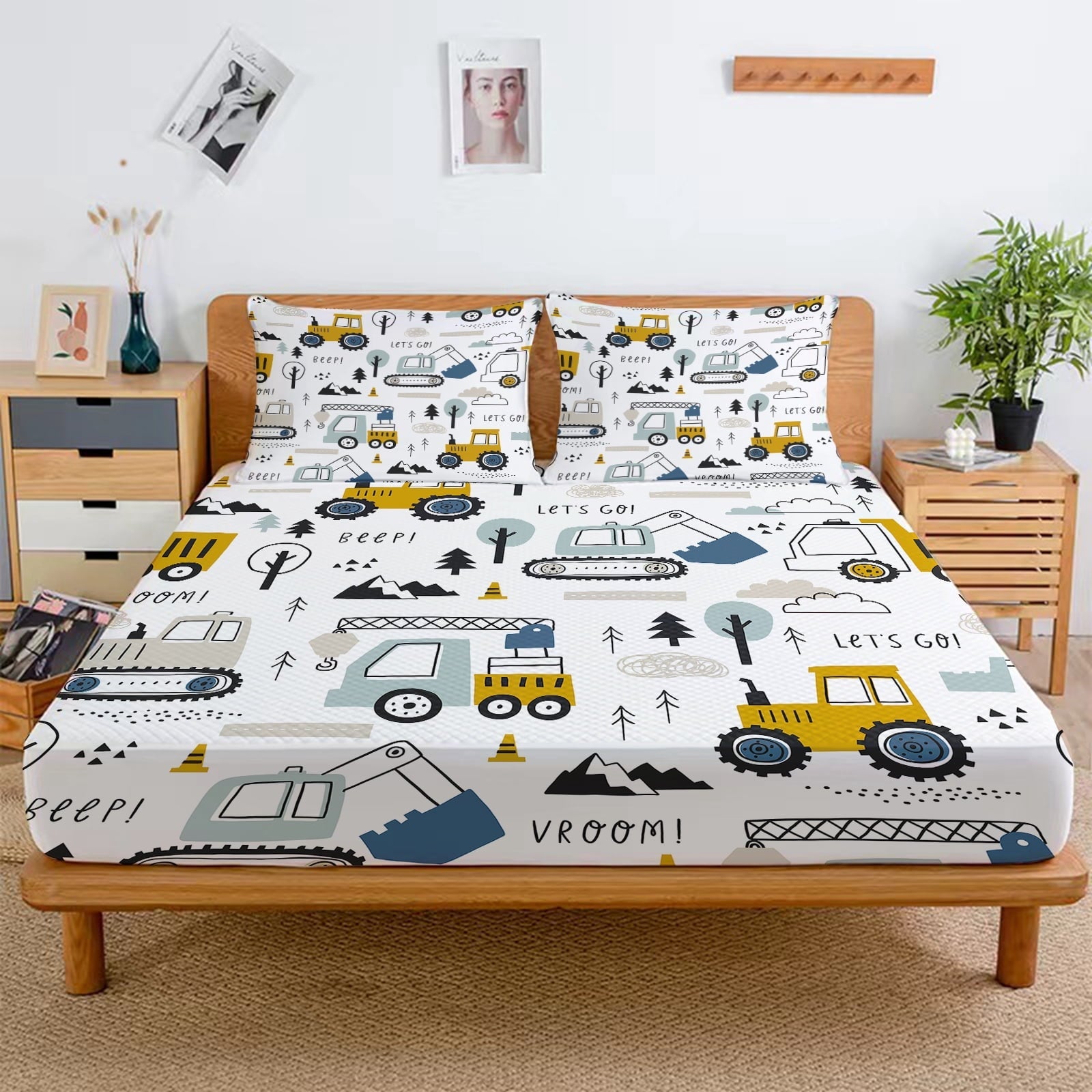 Cooling Sateen Cartoon Excavator Sheet Set for Kids Boys Truck Construction Bedding Set Engineering Vehicle Bed Sheet Sets with 1 Fi... - Cooling Hotel Quality Bedding Sheets and Pillowcases Detail