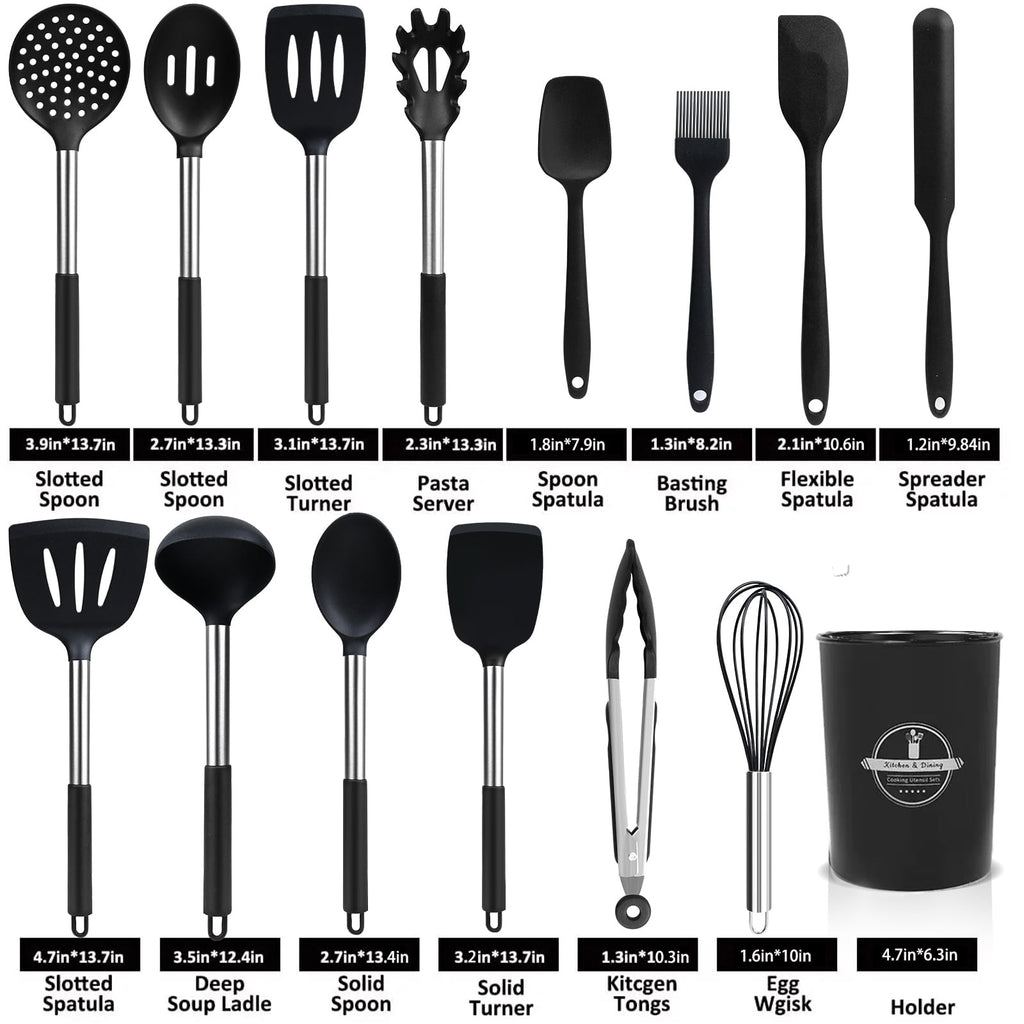 Seamless One-Piece Silicone Cooking Utensils Set, 26 Pcs, Heat Resistant Kitchen Utensils Set, Black - Heat-Resistant Silicone Cooking Spatula Turner Detail
