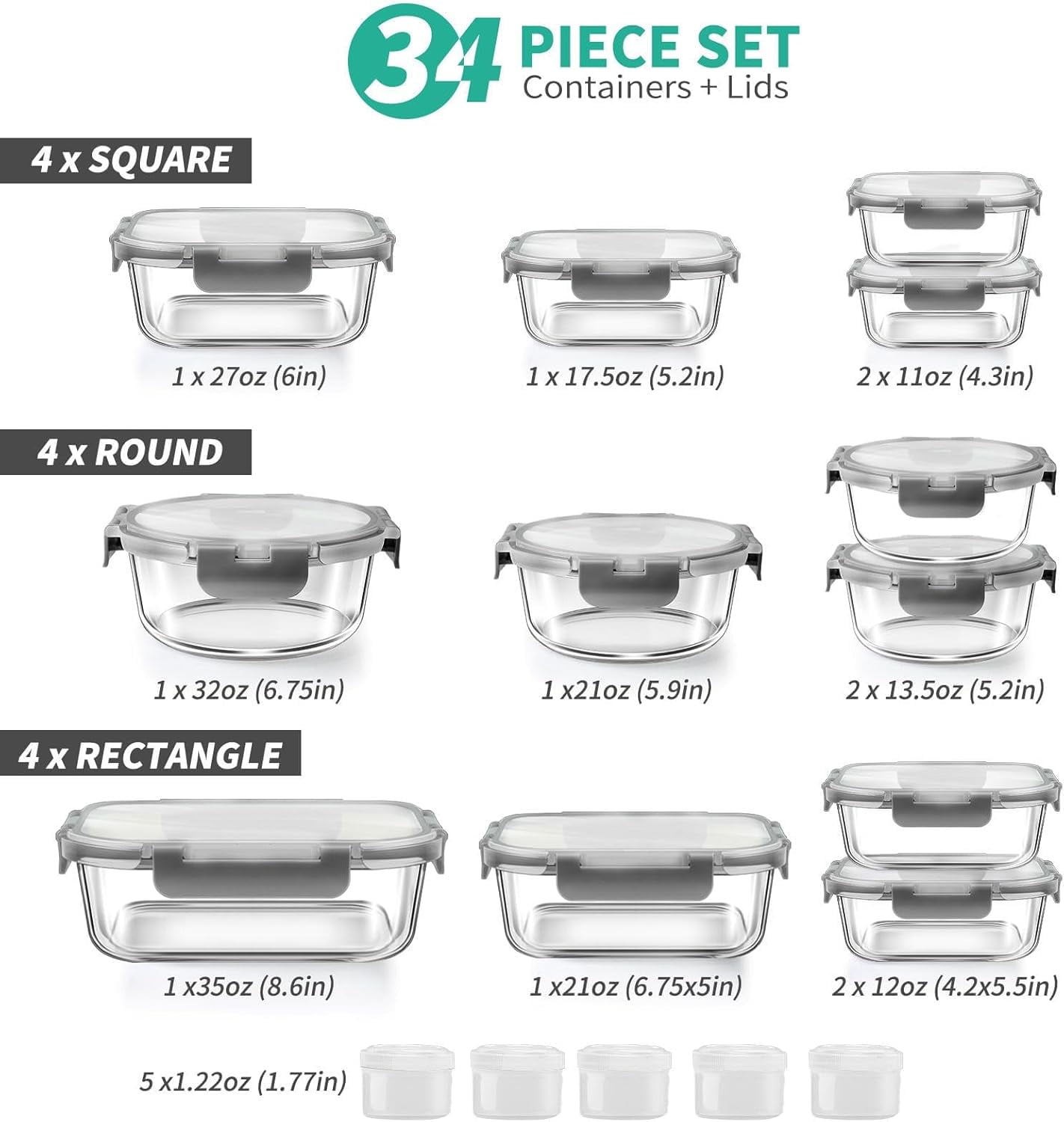 Whimsical Doughnut 34pcs Glass Food Storage Containers with Lids Set, Airtight Meal Prep Containers (17 Containers & 17 Lids), Grey - Fun Food Fidget Cookie Squishable Toy Detail