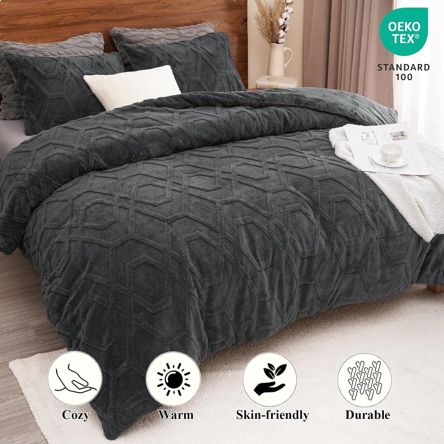 All-Season Warm Sherpa Fleece Queen Comforter Set, 3D Tufted Fluffy Dark Grey Bedding for Winter, Soft 3 Pieces Shaggy Bed Set, ... - Luxurious Quilted Duvet Cover Set Detail