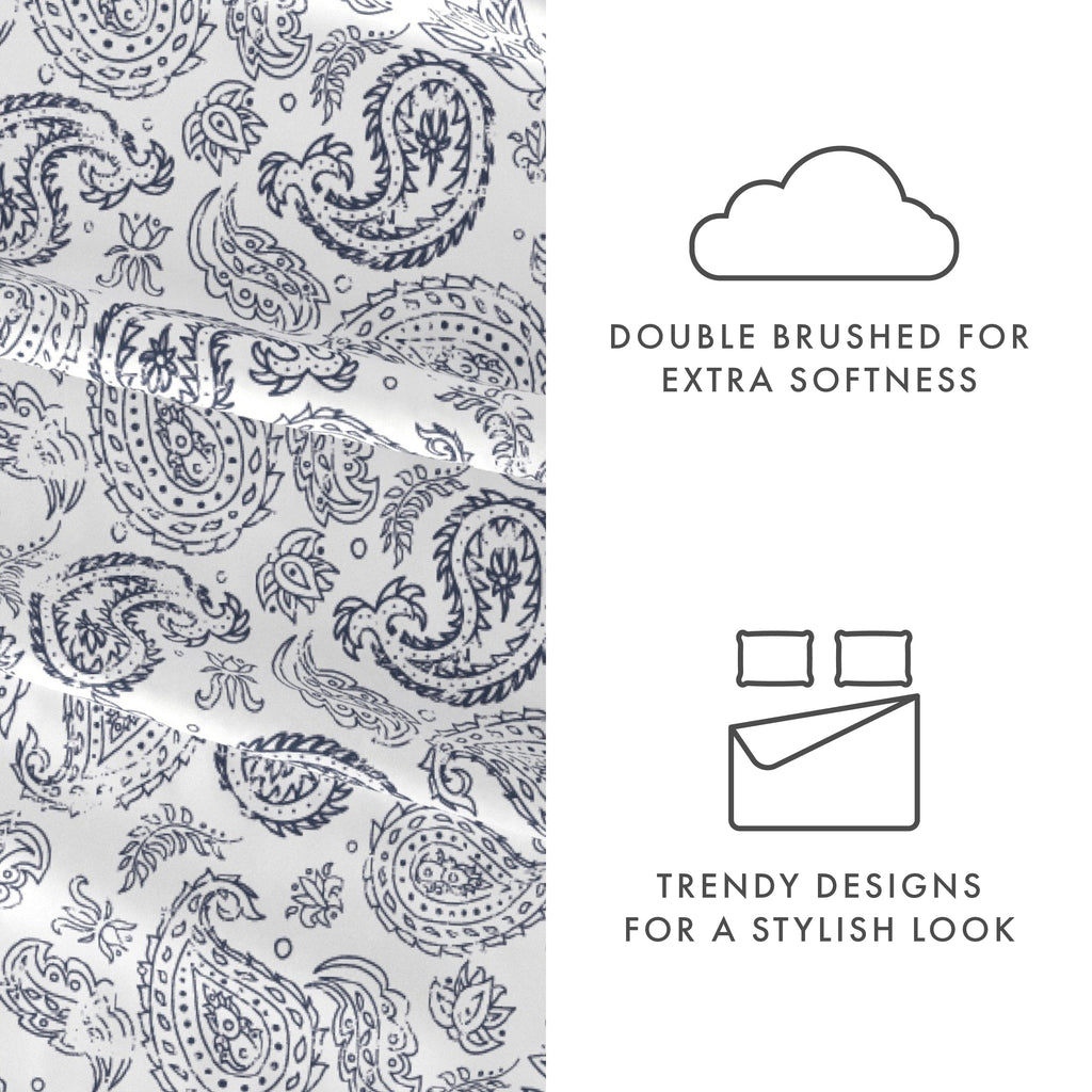 Breathable Luxury 4 Piece Pattern Microfiber Bed Sheets Set, Navy Coarse Paisley, Full - Cooling Hotel Quality Bedding Sheets and Pillowcases Detail