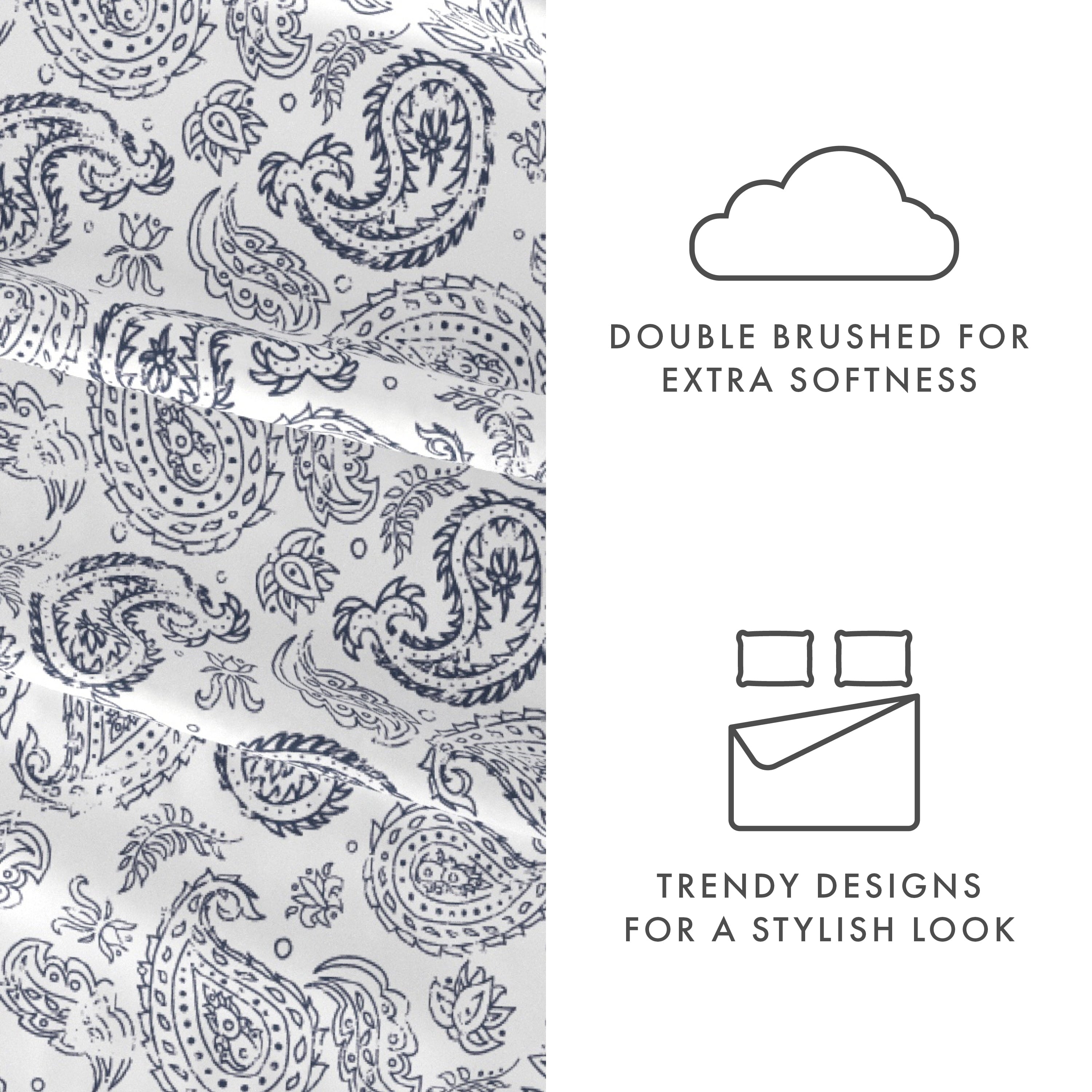 Breathable Luxury 4 Piece Pattern Microfiber Bed Sheets Set, Navy Coarse Paisley, Full - Cooling Hotel Quality Bedding Sheets and Pillowcases Detail