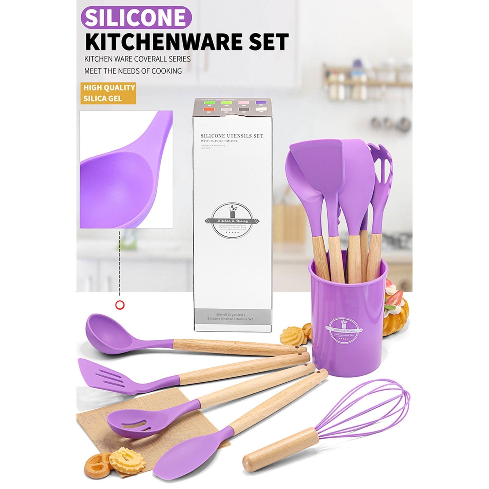 Ergonomic Cooking 12Pcs Cooking Kitchen Utensils Set with Holder,Wooden Handles Cooking Tool,BPA Free,Non Toxic Turner Tongs Spa... - Ergonomic Kitchen Tongs and Cooking Spoon Utensil Detail