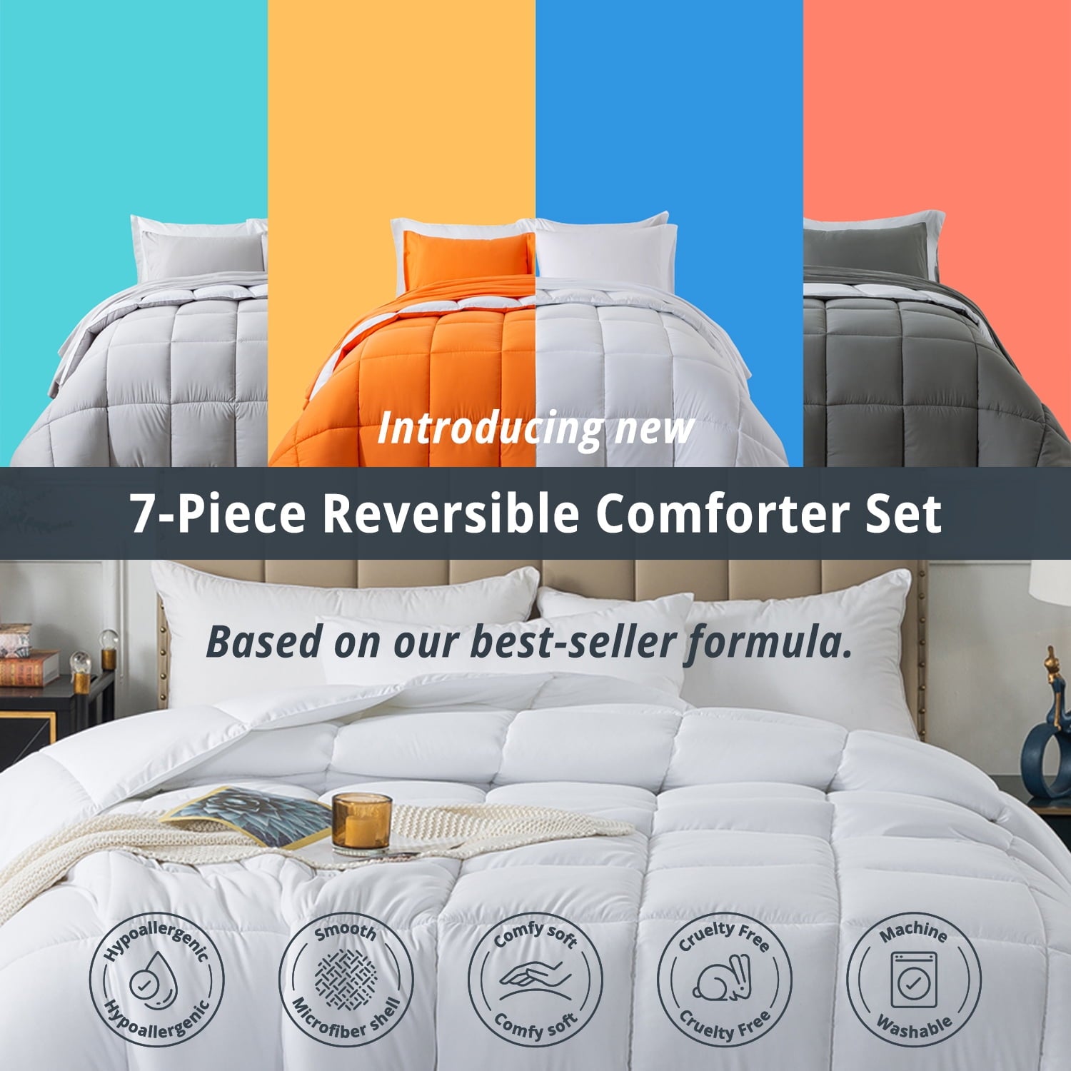 All-Season Queen Size 7 Piece Comforter Set | Bed in a Bag for Unisex Adult | Black/Gray - All-Season Down Alternative Comforter Insert Detail