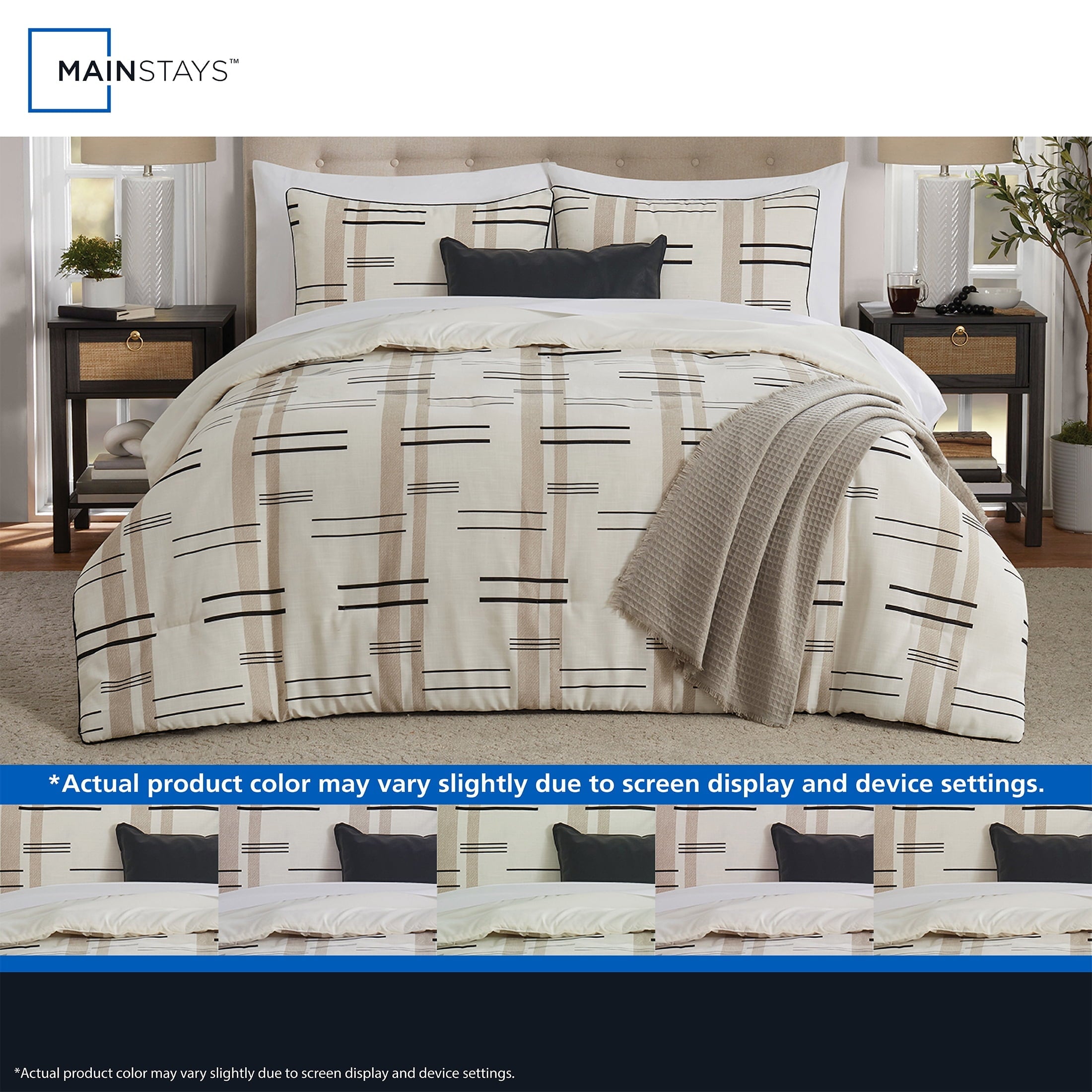 Heavyweight Warmth Full/Queen Comforter Set, All-Season, 5-Piece, Tan Modern - Luxurious Quilted Duvet Cover Set Detail