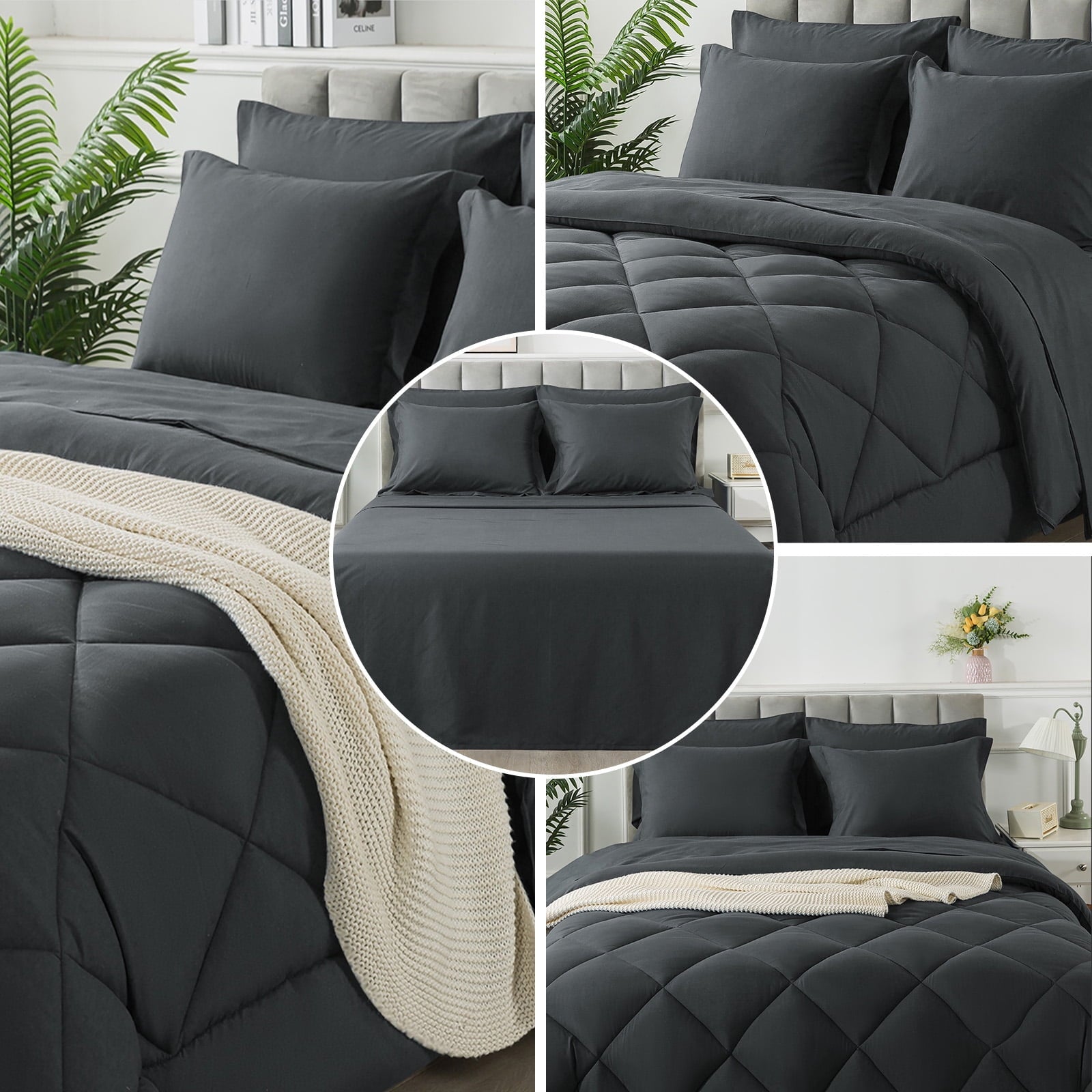 Hypoallergenic Cloud Queen Bed in a Bag Comforter Set with 7 Pieces - Dark Gray All Season Bedding Sets with Comforter, Pillow Shams, Flat... - Hypoallergenic Ultra-Fluffy Quilt for Winter Detail
