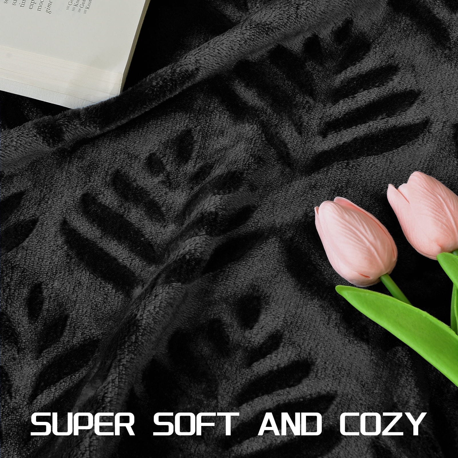 Lightweight Warm Fleece Throw Blanket for Couch, Leaves Pattern Super Soft and Cozy Blankets, Plush Fuzzy Lightweight, Black, 50"x60" - Lightweight Plush Warm Blanket for All Seasons Detail