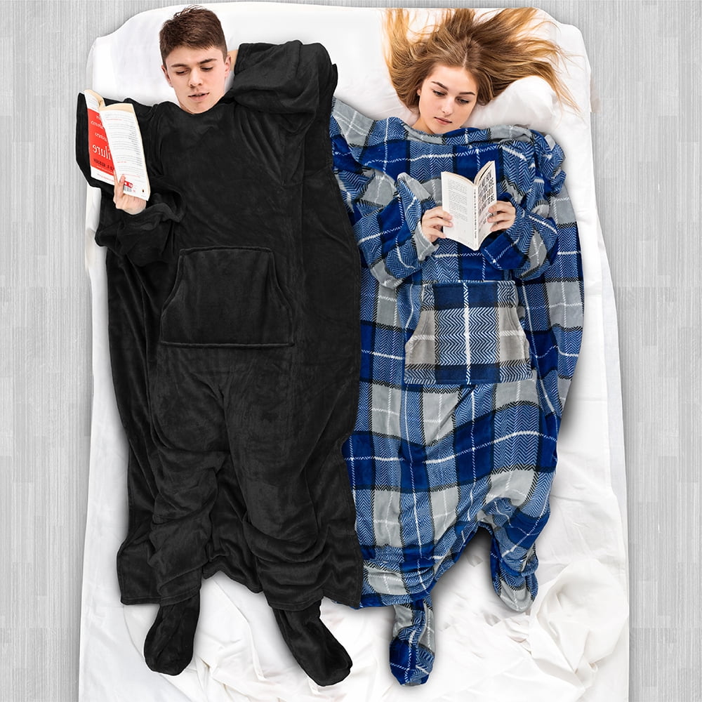Lightweight Warm Fleece Blanket with Sleeves, Foot Pockets for Women Men Adults, Plush Wearable Blanket Throw Wrap, Warm Snuggle Blank... - Super Soft Reversible Sherpa Flannel Blanket Detail