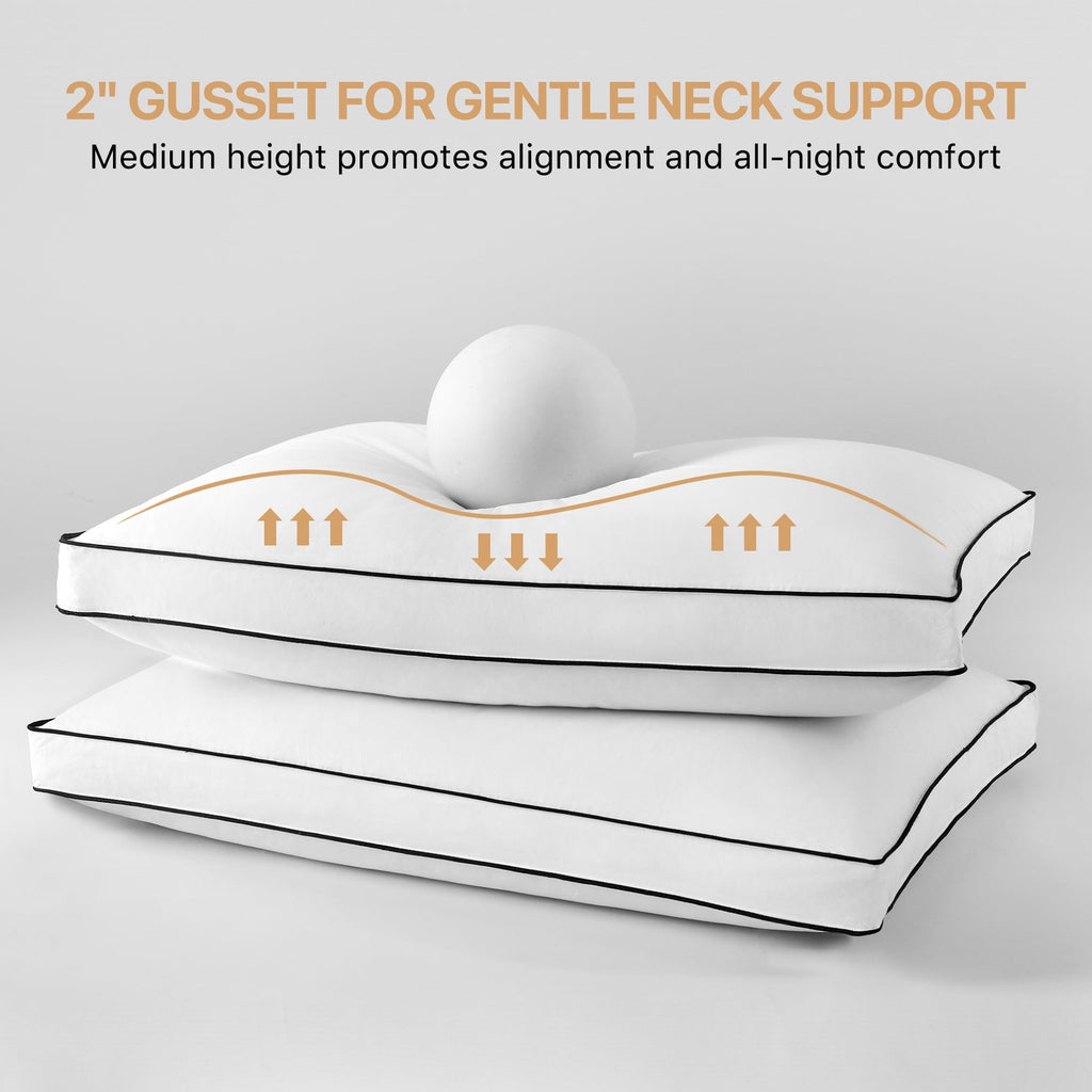 Decorative Plump Gusseted Feather Down Pillow Set of 2, Medium Firm Hotel Bed Pillows 2 Pack, Queen Size for Side Sleepers, 20 x 30 in - Orthopedic Shredded Foam Bed Pillow Set Detail