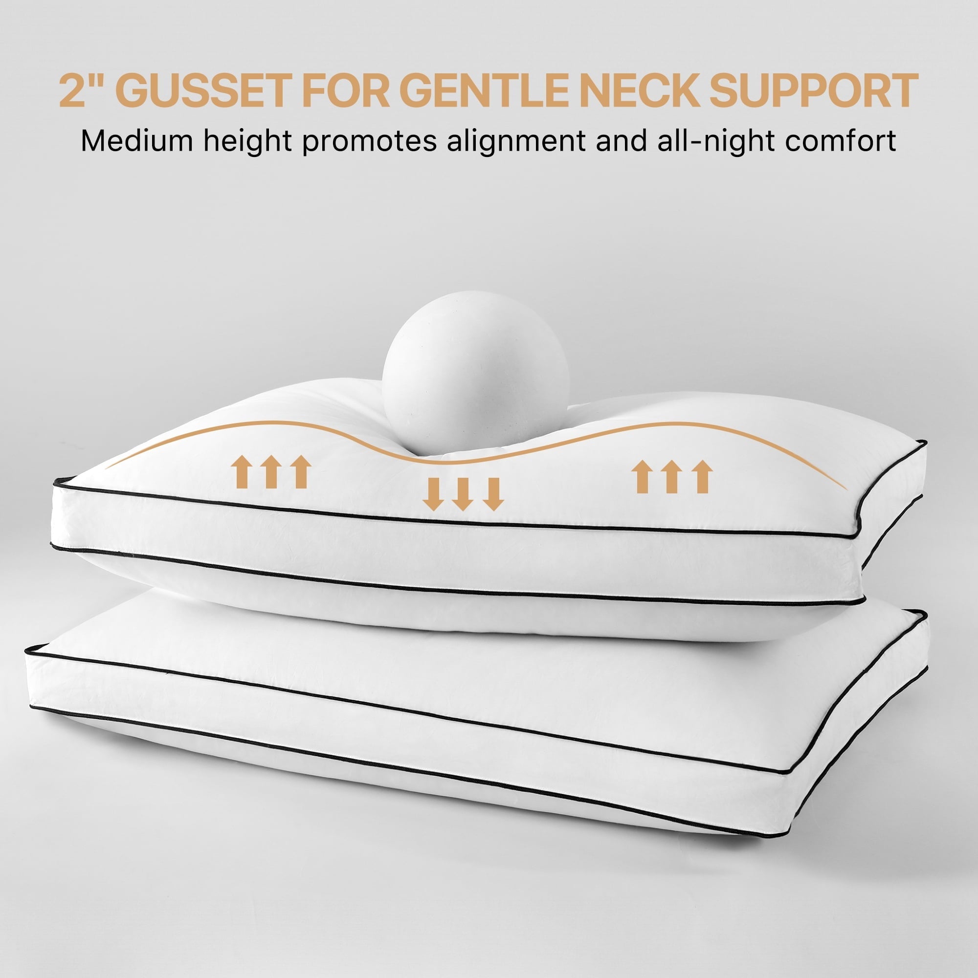 Decorative Plump Gusseted Feather Down Pillow Set of 2, Medium Firm Hotel Bed Pillows 2 Pack, Queen Size for Side Sleepers, 20 x 30 in - Orthopedic Shredded Foam Bed Pillow Set Detail