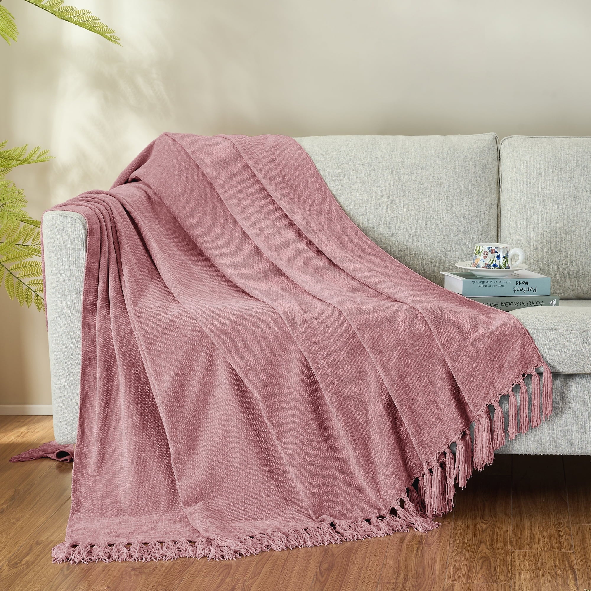 Decorative Knitted Chenille Throw Blanket with Fringe Tassel for Couch Sofa Chair Bed, Mauve 50" X 70" - Super Soft Reversible Sherpa Flannel Blanket Detail