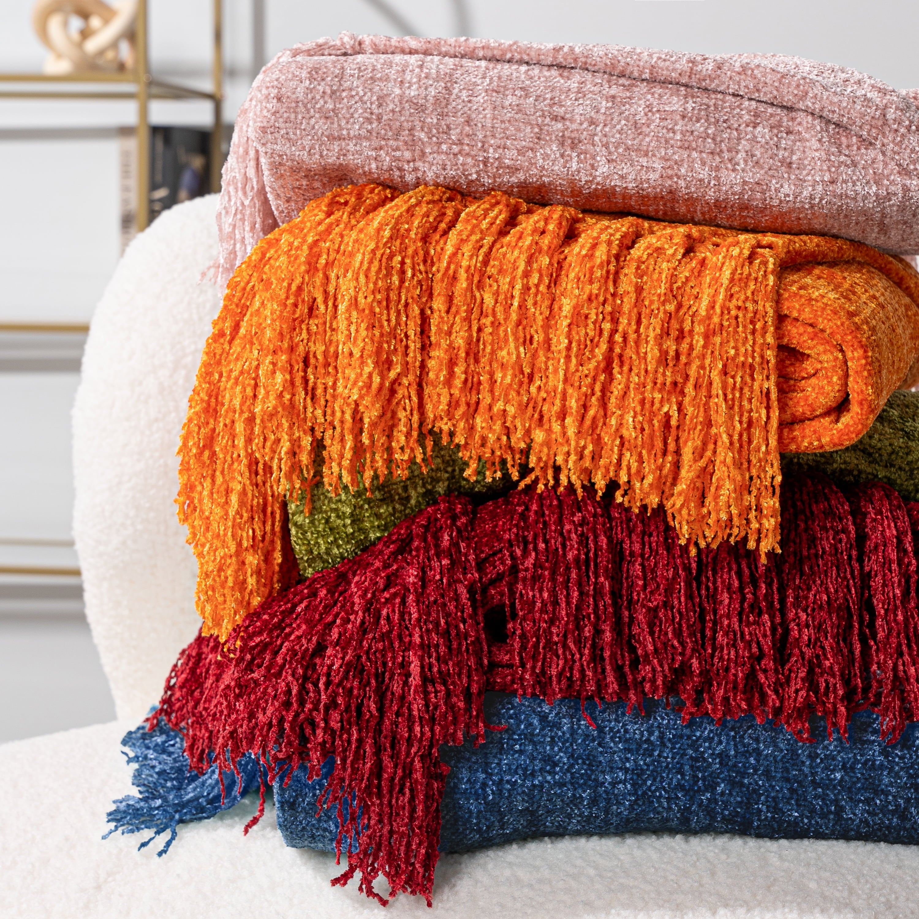 Lightweight Warm Mustard Yellow Chenille Throw Blanket for Couch, Soft Gold Knit Blanket with Tassel Fringe, Woven Chenille Knitted De... - Cozy Fleece Throw Blanket for Couch & Bed Detail