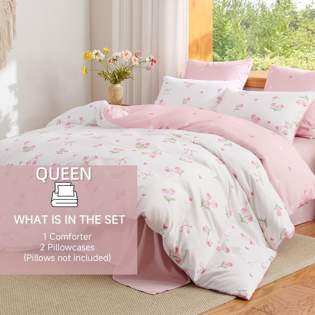 Hypoallergenic Cloud Pink Tulip Queen Comforter Set, 3-Piece Pink Flowers Reversible Soft Bedding Set or Adults All Season - Cloud-Like Soft Lightweight Bed Comforter Detail